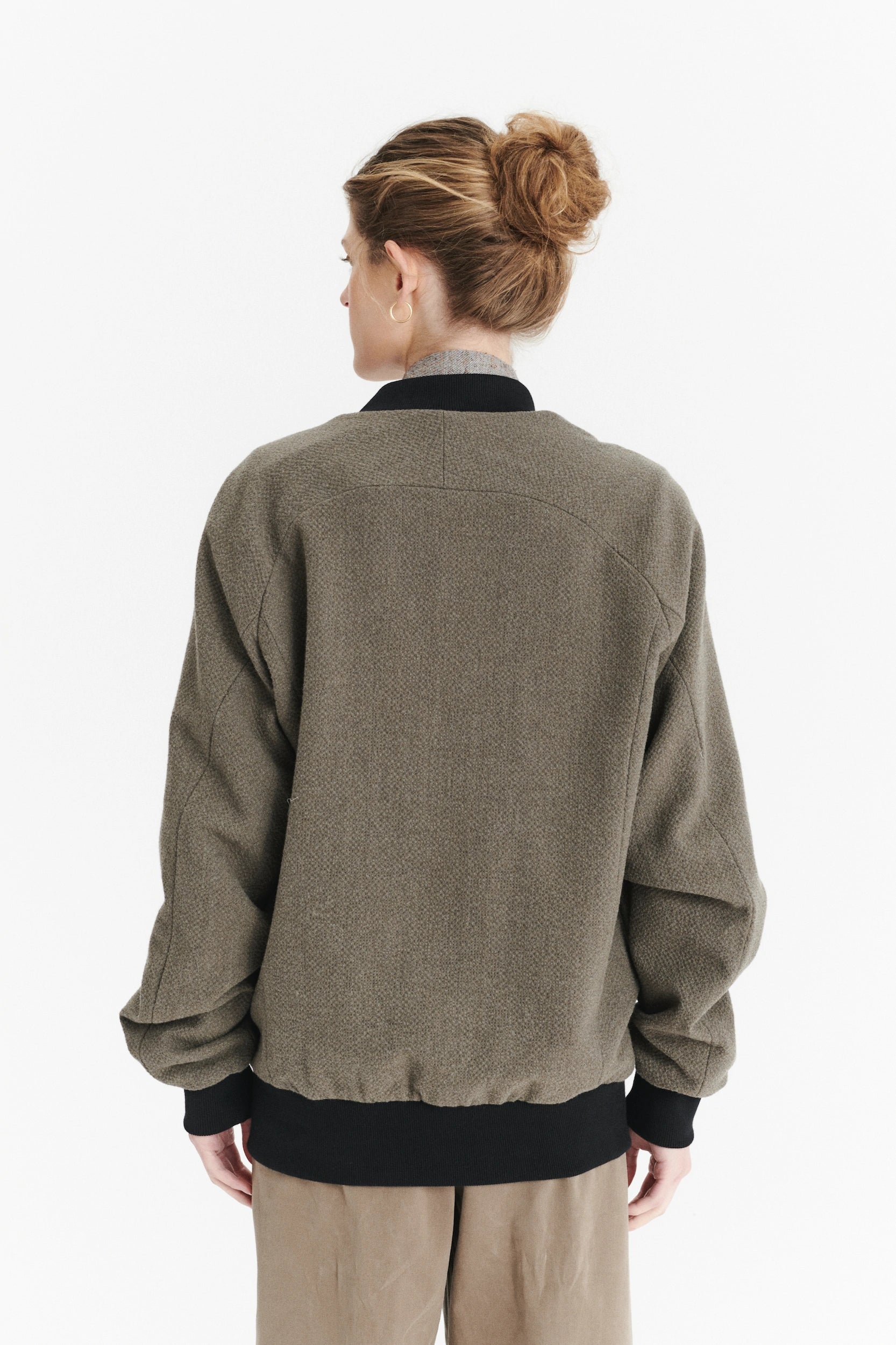 Unisex Bomber Jacket in a Taupe Italian Winter Virgin Wool and Cotton Seersucker