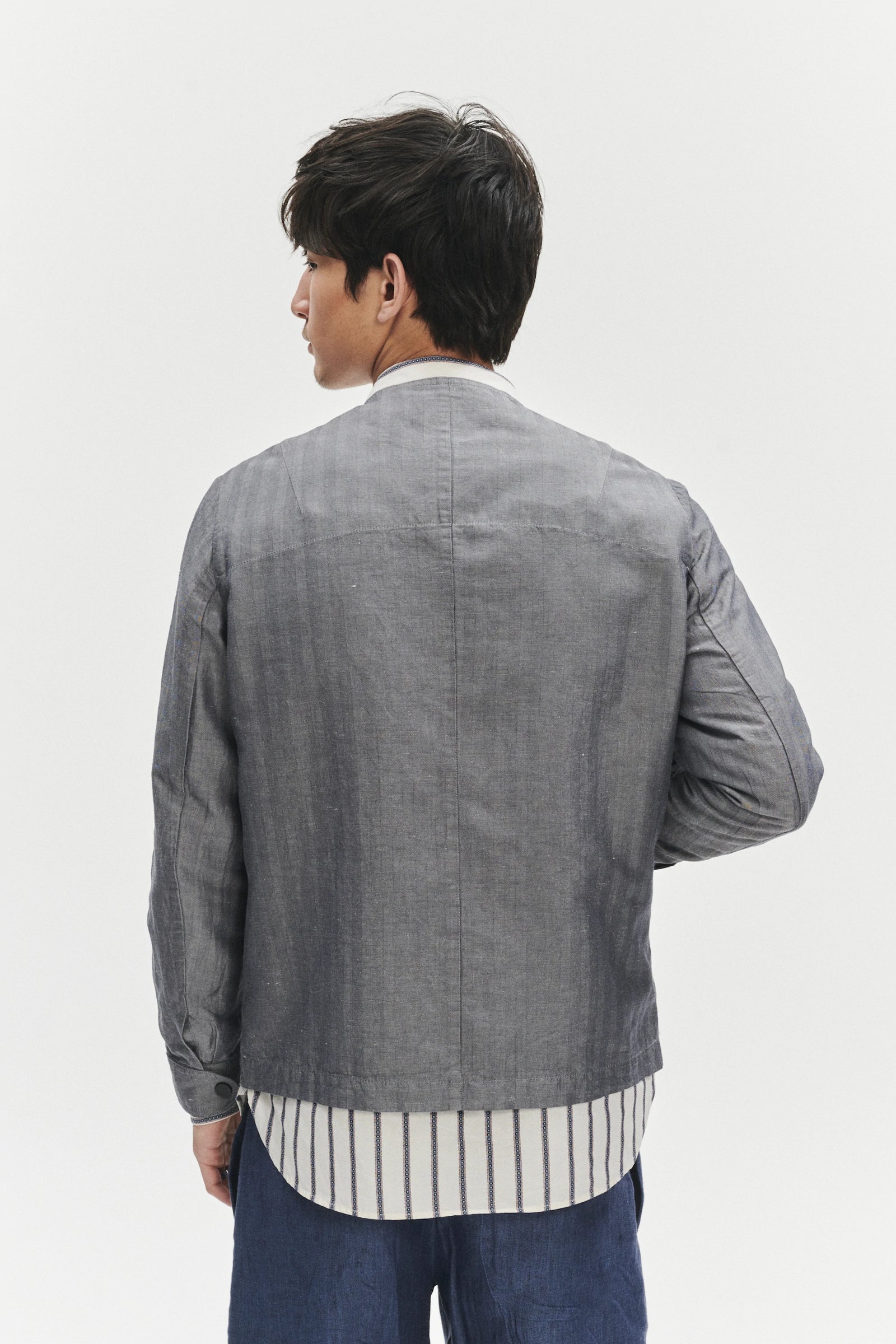 Round Collar Jacket in a Very Fine Grey and Blue Blend of Herringbone Italian Linen and Cotton