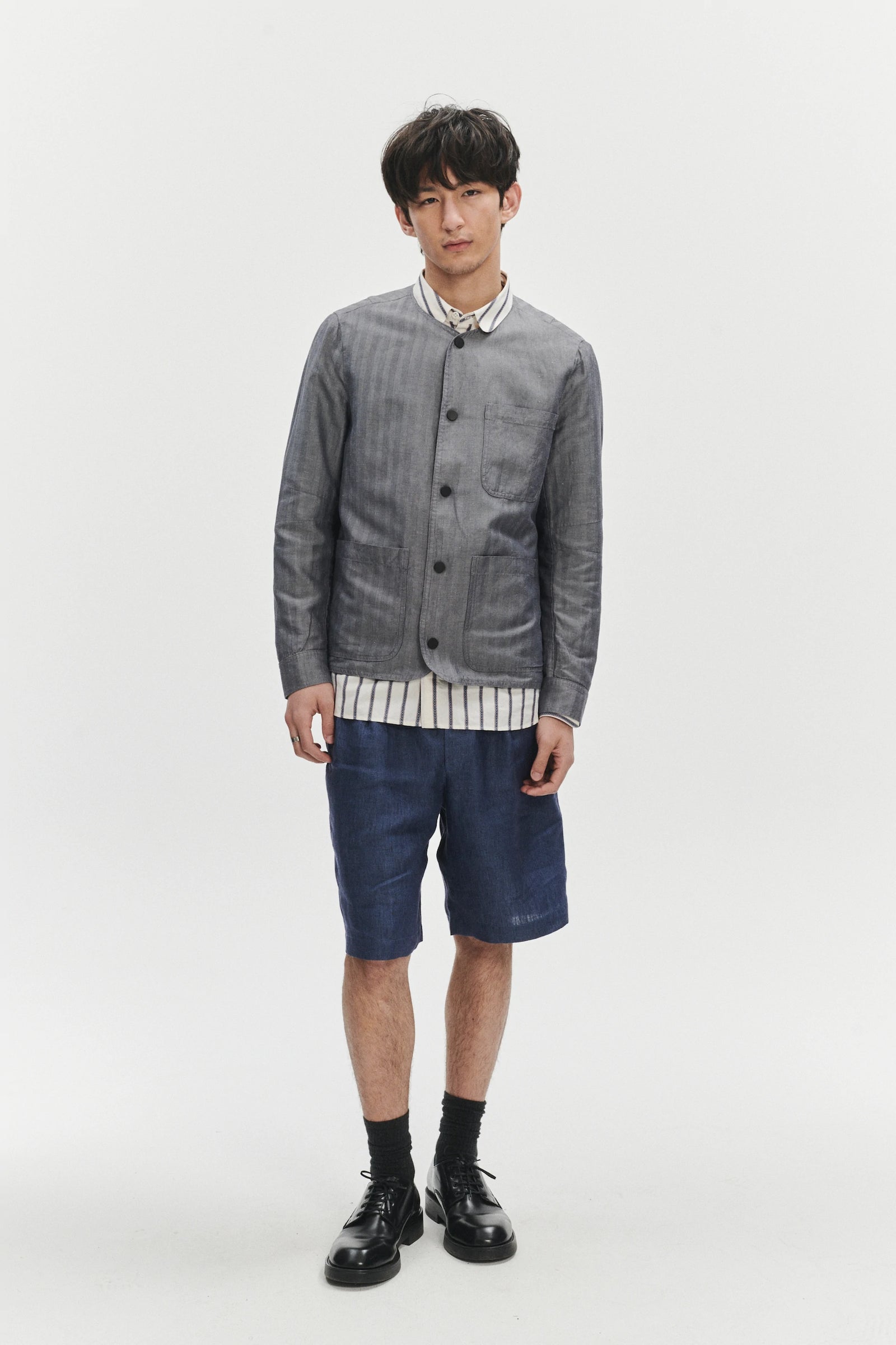 Round Collar Jacket in a Very Fine Grey and Blue Blend of Herringbone Italian Linen and Cotton