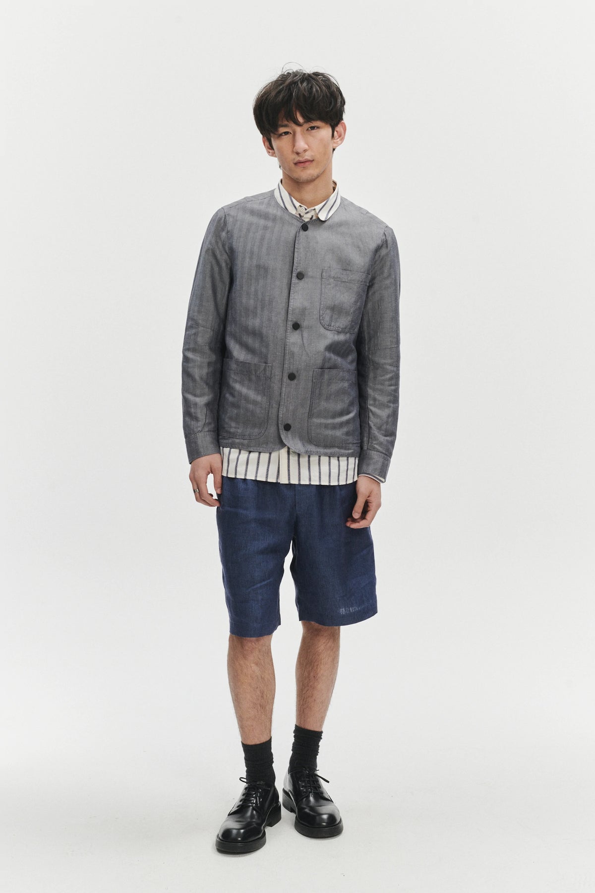Round Collar Jacket in a Very Fine Grey and Blue Blend of Herringbone Italian Linen and Cotton