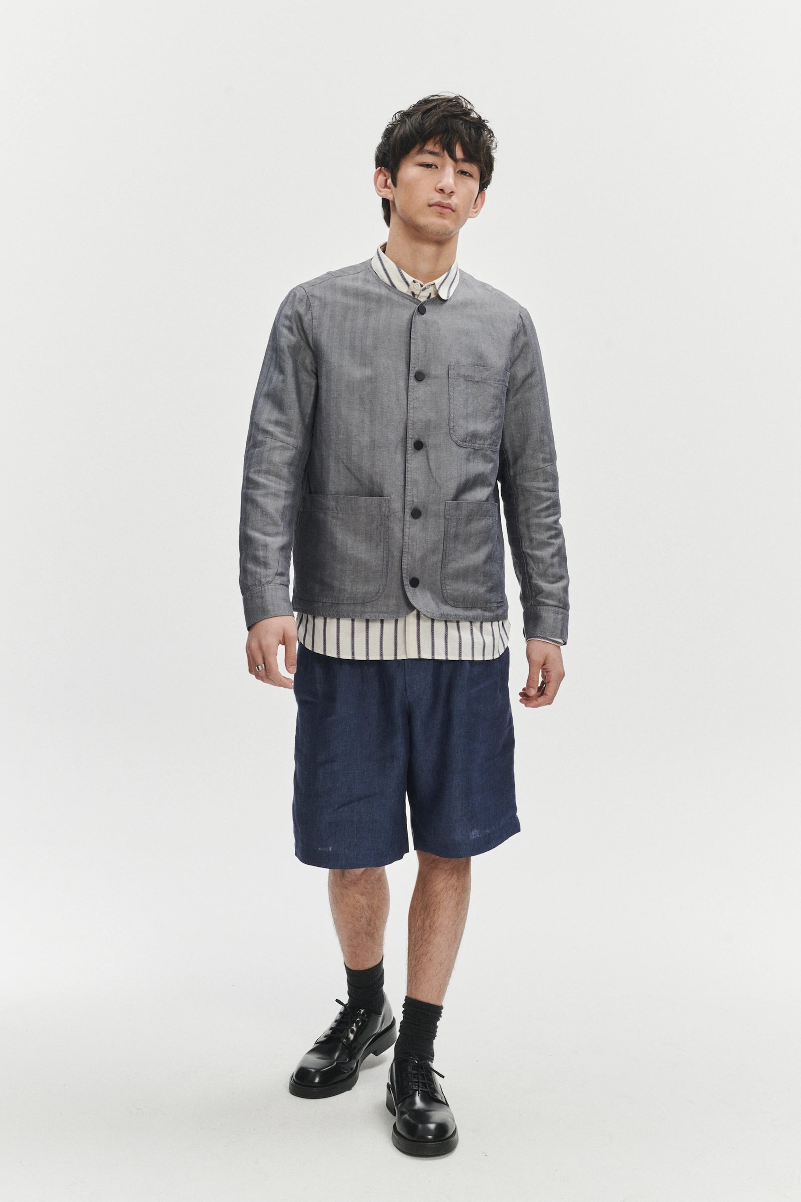 Round Collar Jacket in a Very Fine Grey and Blue Blend of Herringbone Italian Linen and Cotton