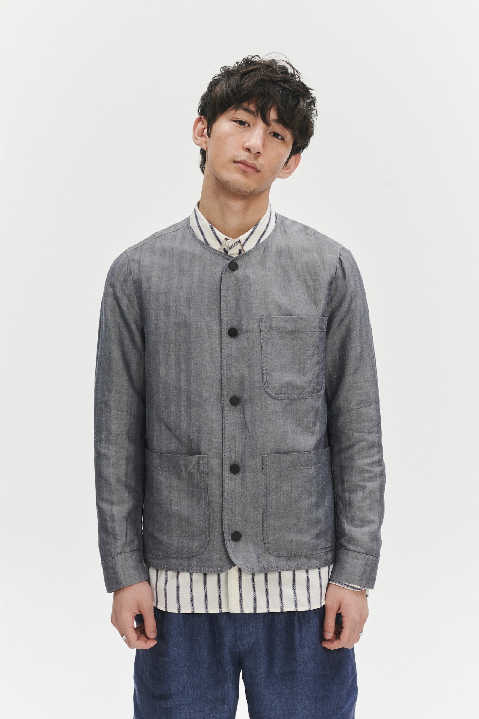 Round Collar Jacket in a Very Fine Grey and Blue Blend of Herringbone Italian Linen and Cotton