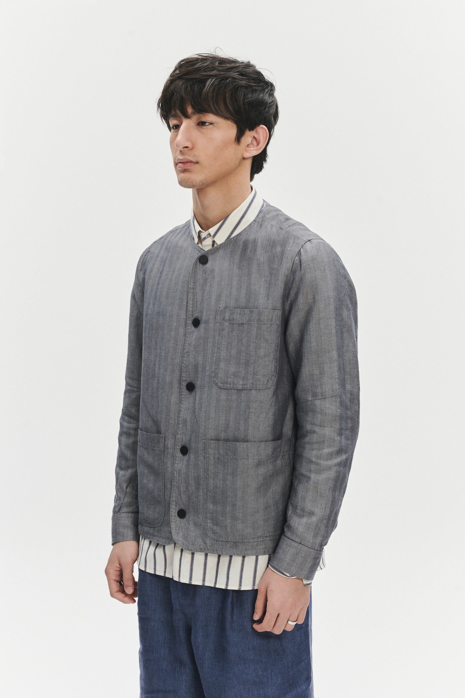 Round Collar Jacket in a Very Fine Grey and Blue Blend of Herringbone Italian Linen and Cotton