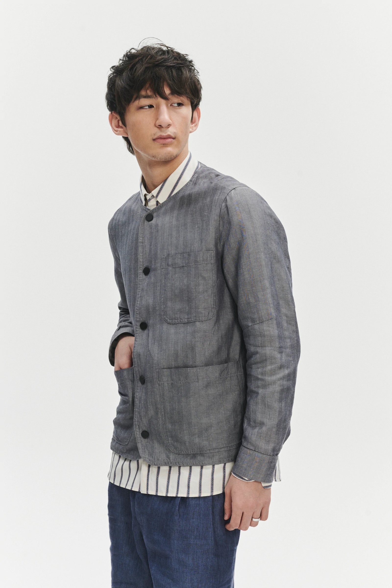Round Collar Jacket in a Very Fine Grey and Blue Blend of Herringbone Italian Linen and Cotton
