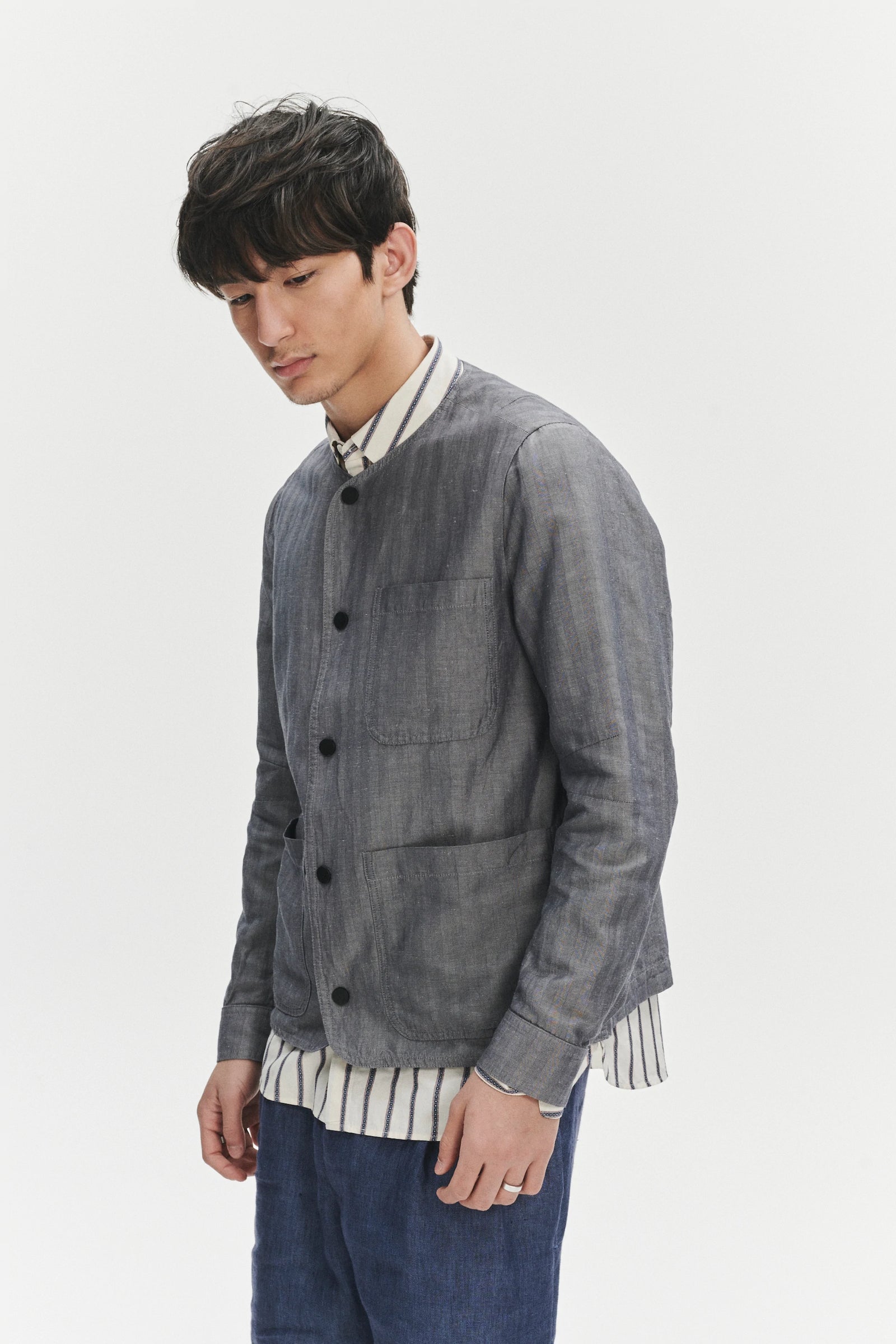 Round Collar Jacket in a Very Fine Grey and Blue Blend of Herringbone Italian Linen and Cotton