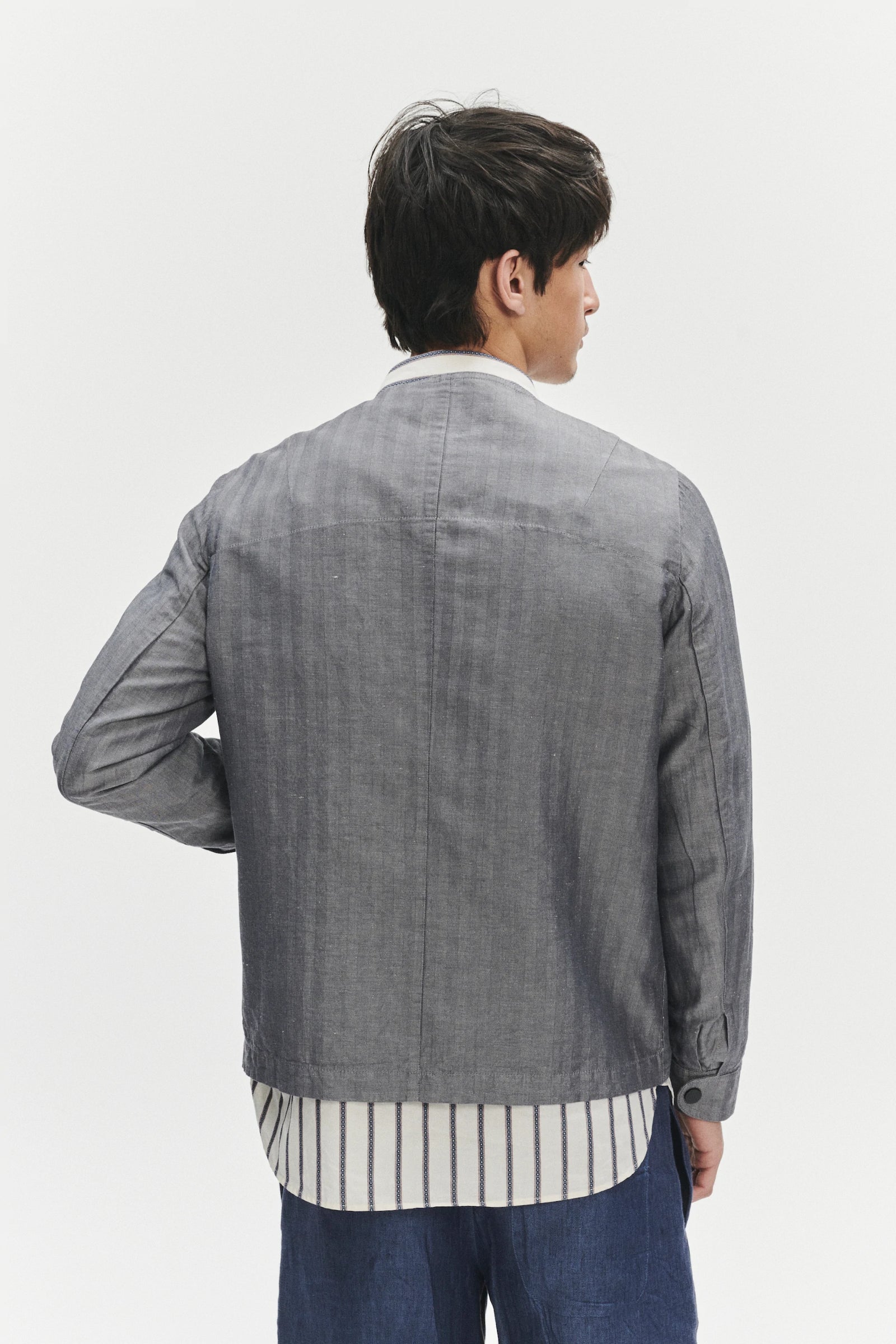 Round Collar Jacket in a Very Fine Grey and Blue Blend of Herringbone Italian Linen and Cotton