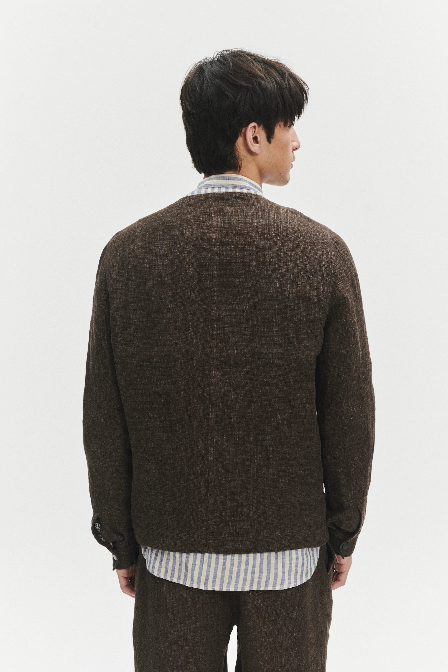 Round Collar Jacket in a Brown Fluid and Structured Italian Linen Crepe