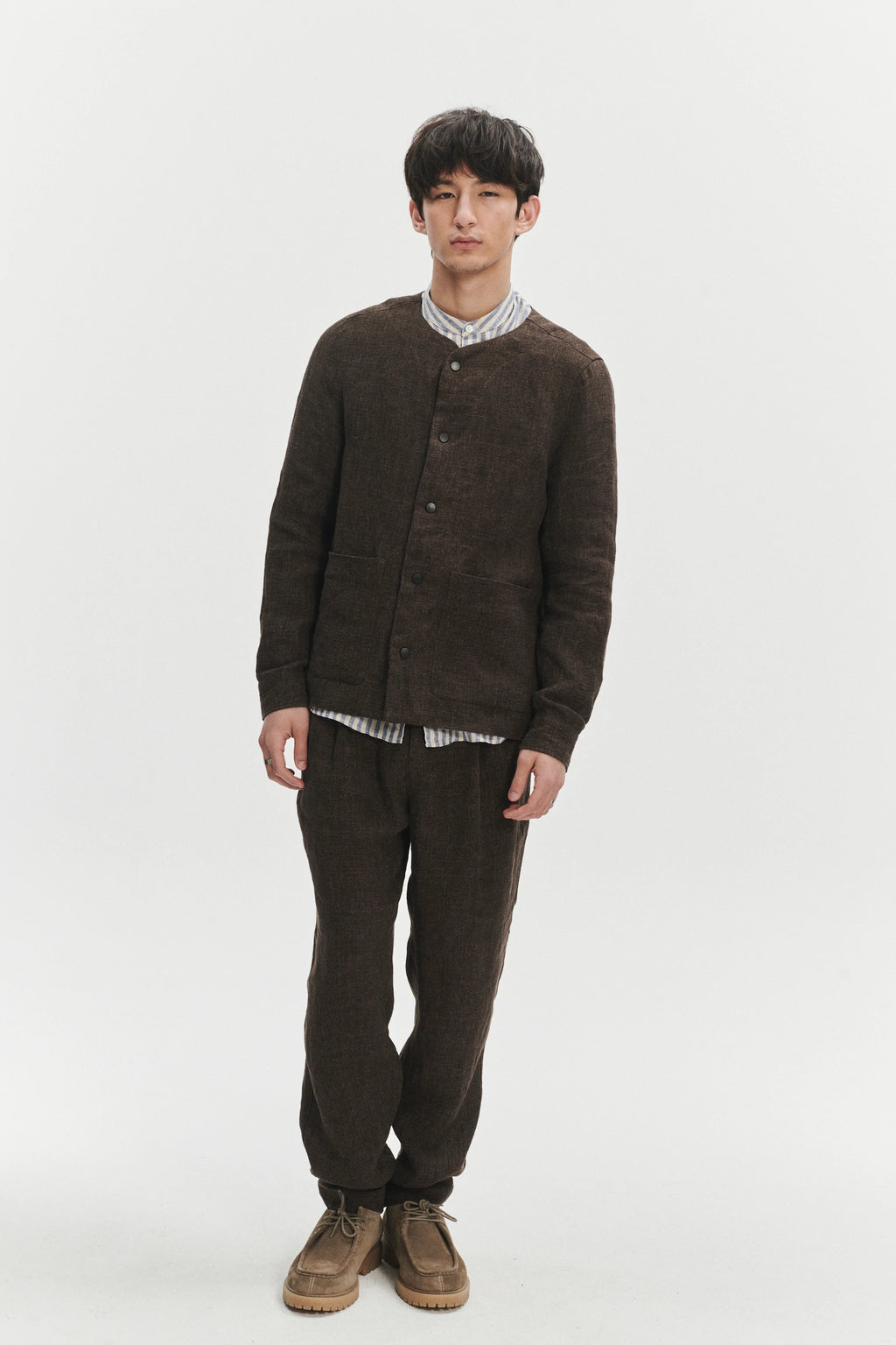Round Collar Jacket in a Brown Fluid and Structured Italian Linen Crepe