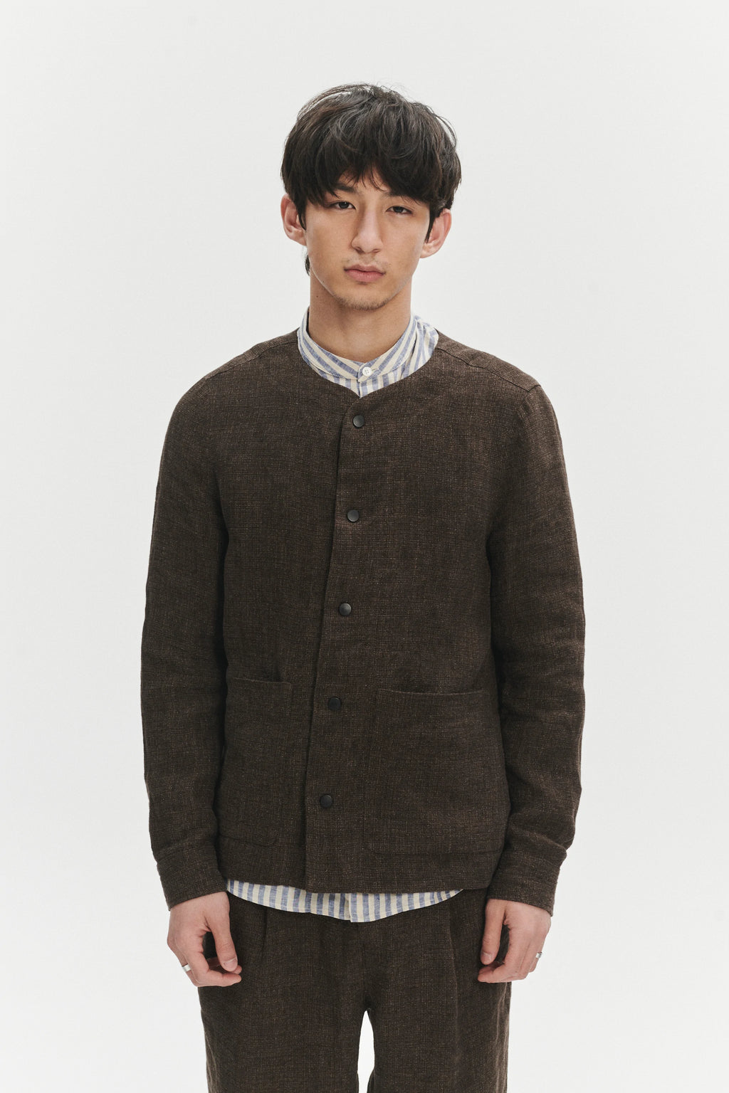Round Collar Jacket in a Brown Fluid and Structured Italian Linen Crepe