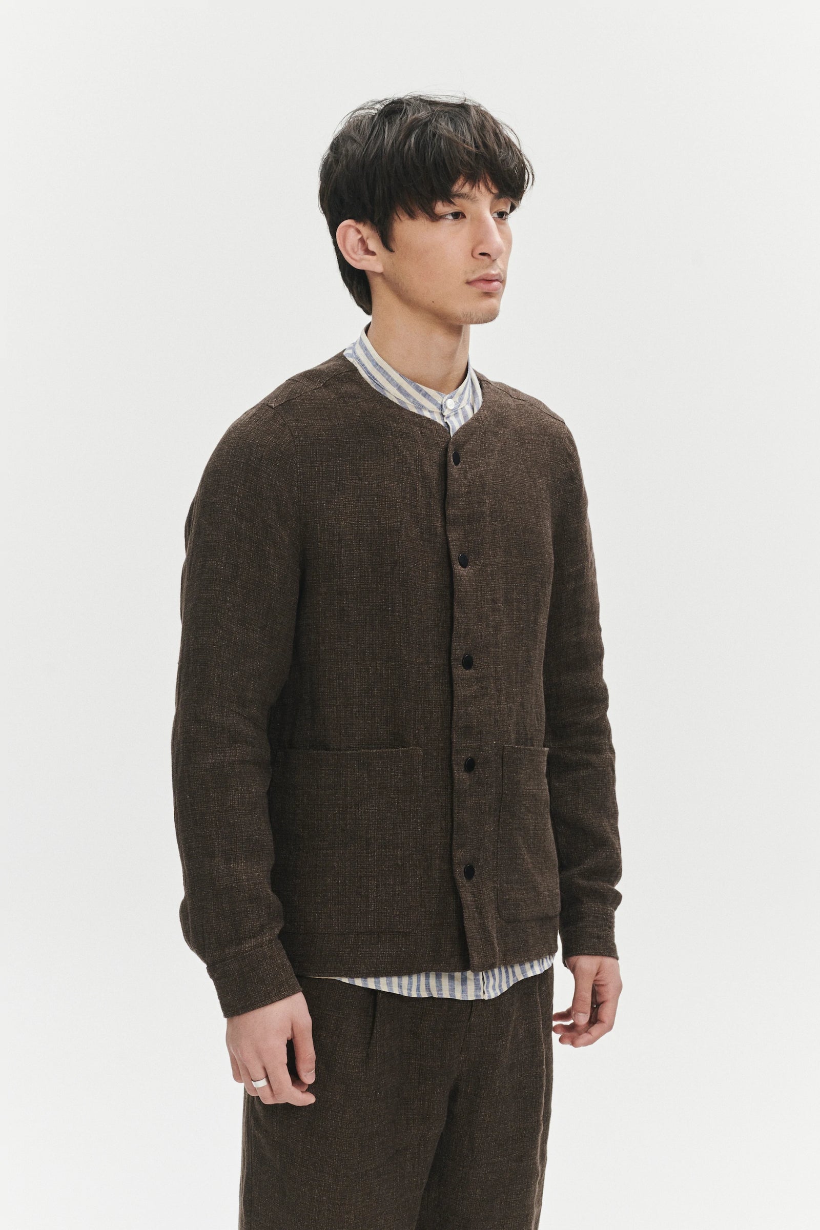 Round Collar Jacket in a Brown Fluid and Structured Italian Linen Crepe