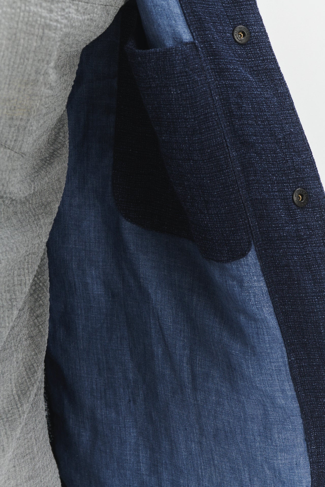 Round Collar Jacket in a Navy Fluid and Structured Italian Linen Crepe
