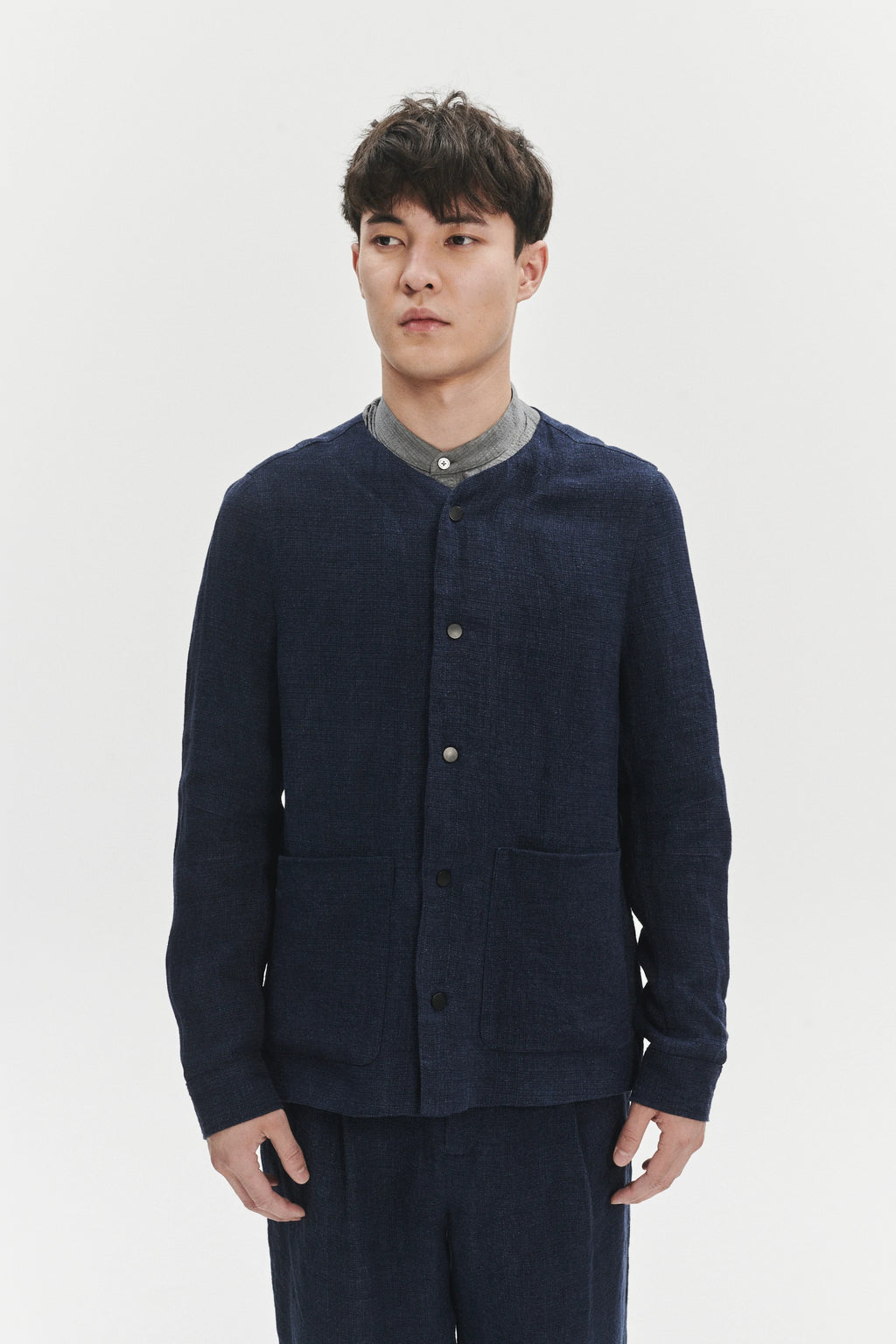 Round Collar Jacket in a Navy Fluid and Structured Italian Linen Crepe