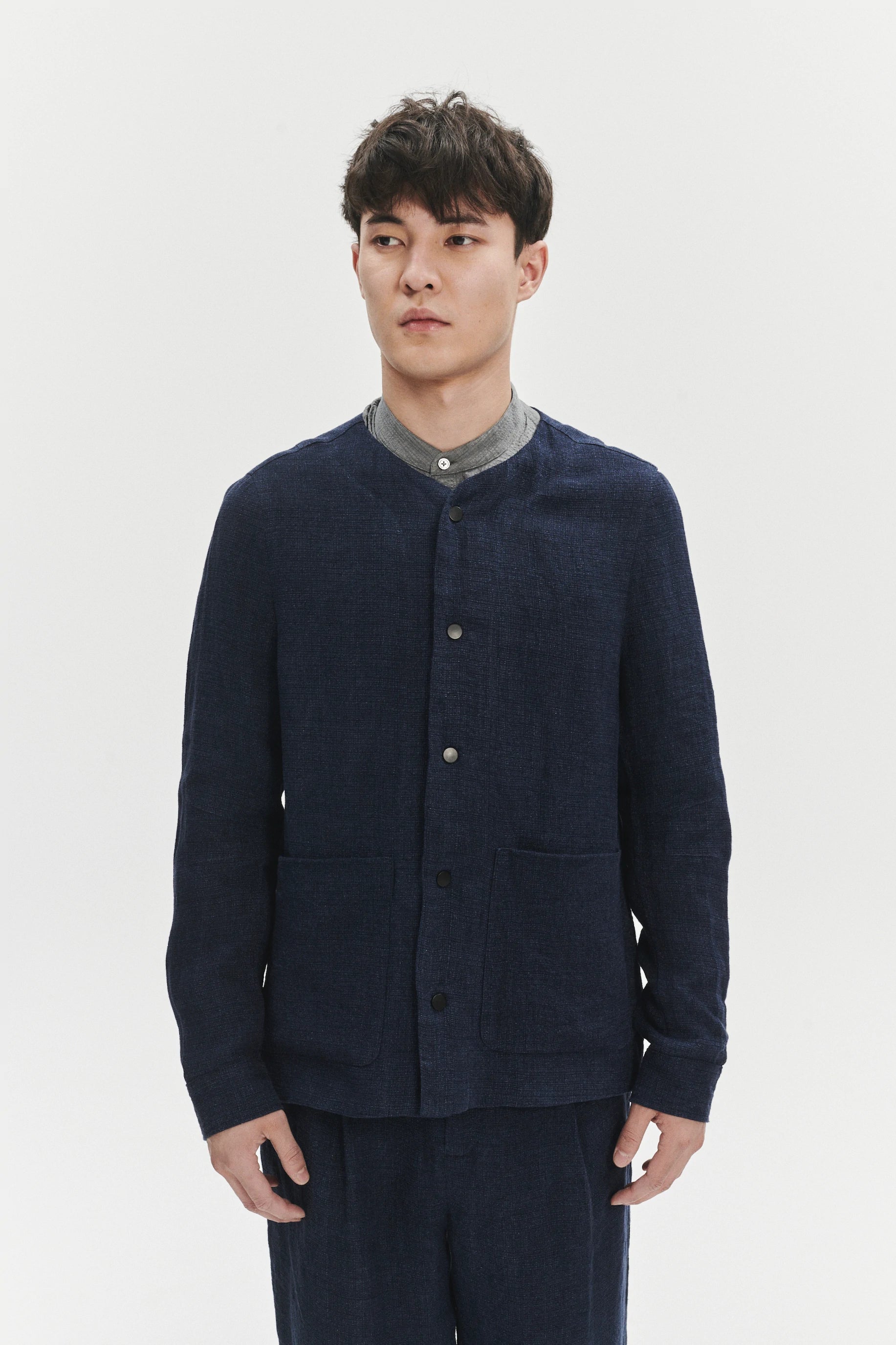 Round Collar Jacket in a Navy Fluid and Structured Italian Linen Crepe