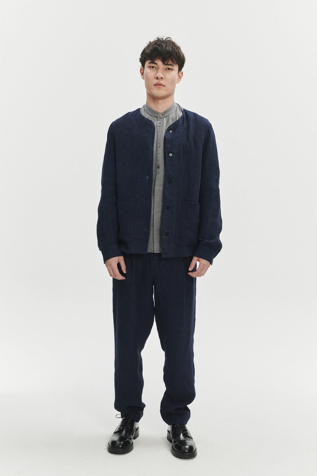 Round Collar Jacket in a Navy Fluid and Structured Italian Linen Crepe