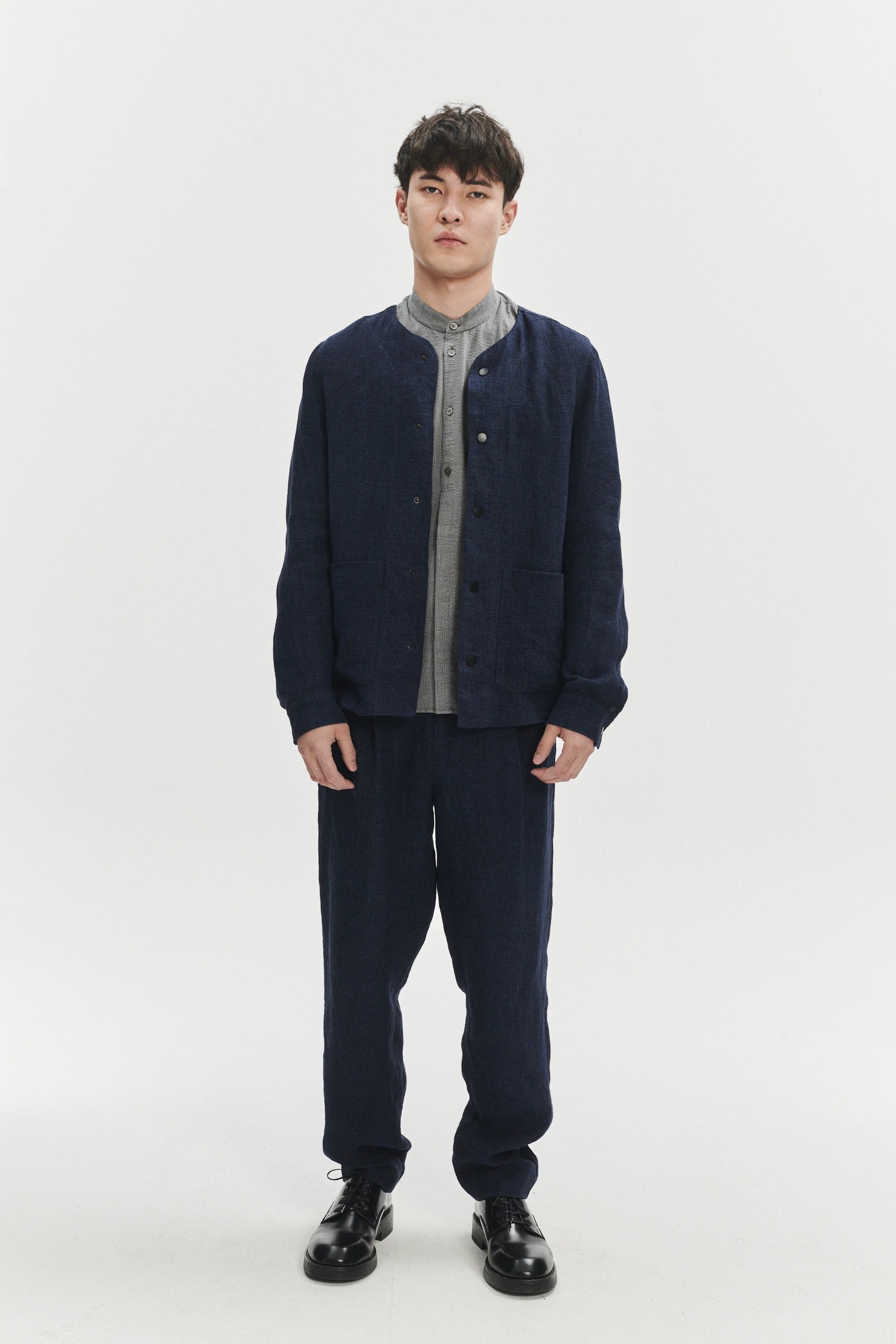 Round Collar Jacket in a Navy Fluid and Structured Italian Linen Crepe