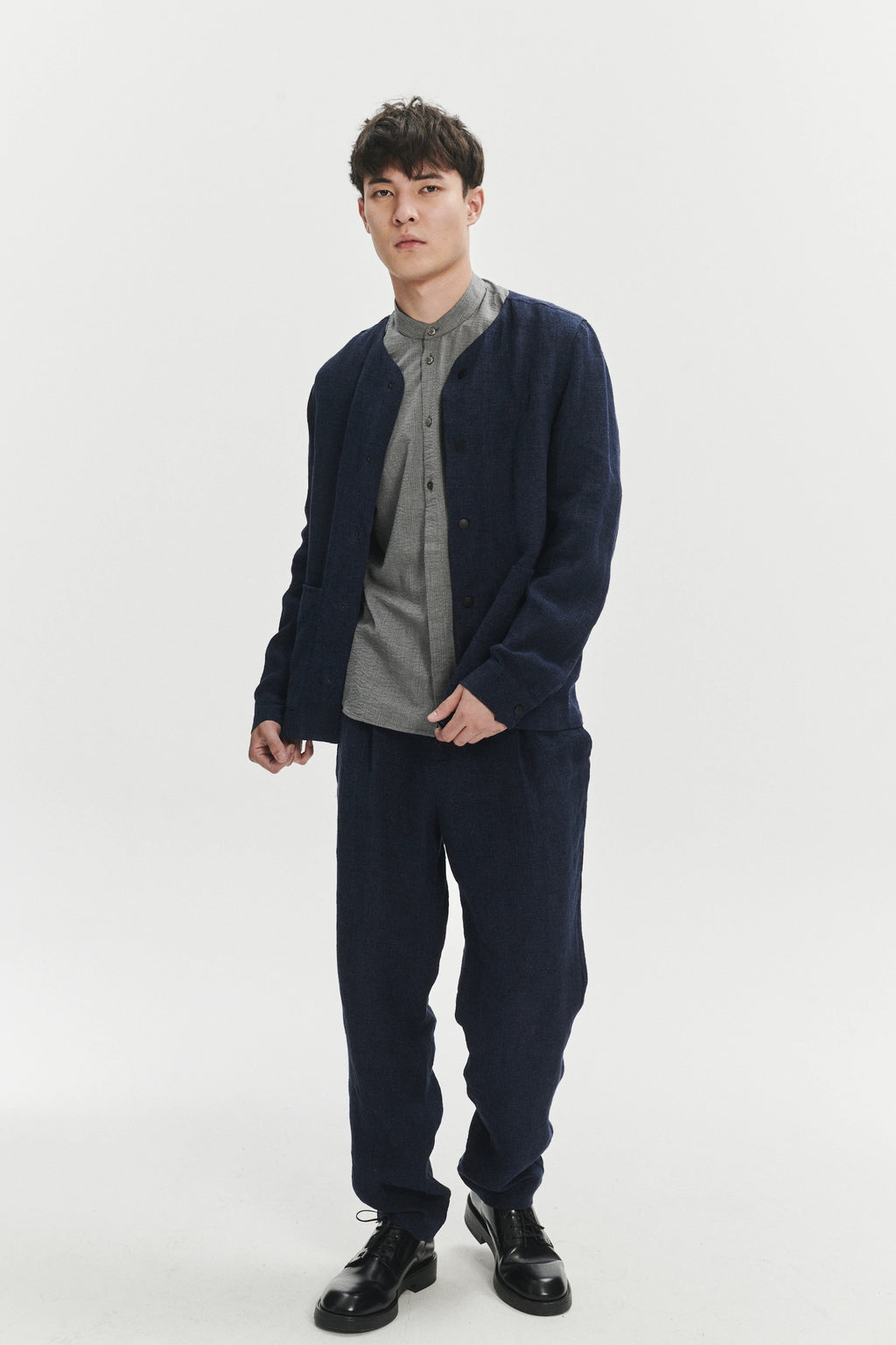 Round Collar Jacket in a Navy Fluid and Structured Italian Linen Crepe