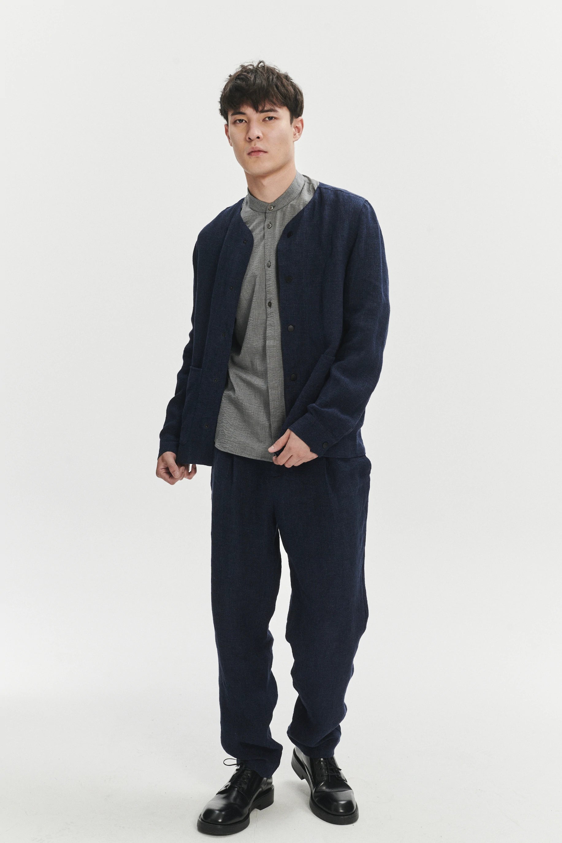 Round Collar Jacket in a Navy Fluid and Structured Italian Linen Crepe