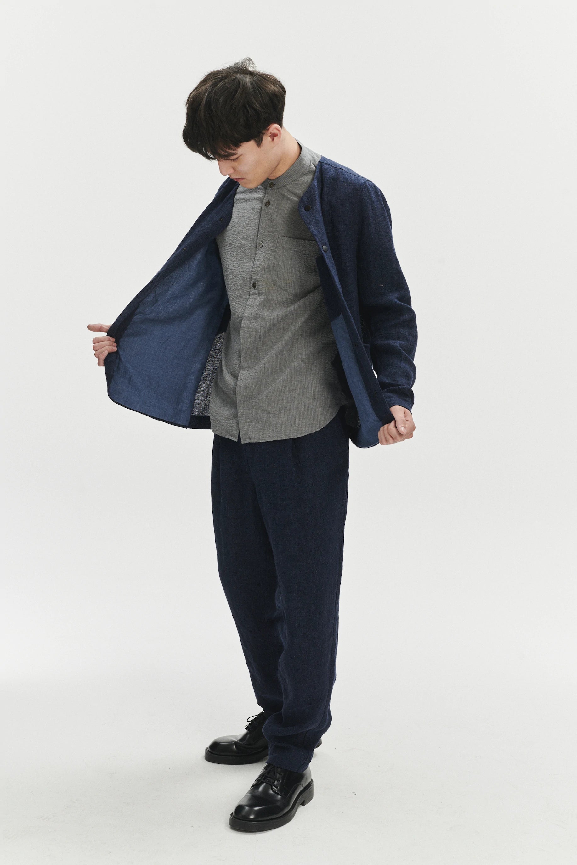 Round Collar Jacket in a Navy Fluid and Structured Italian Linen Crepe