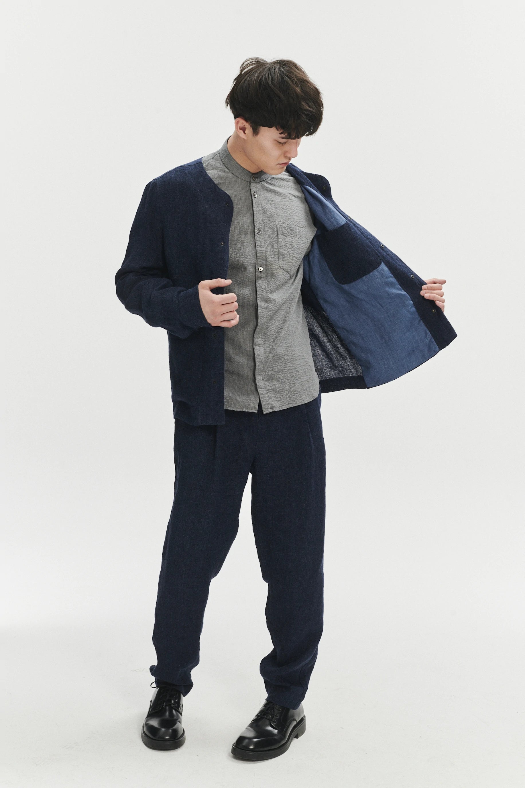 Round Collar Jacket in a Navy Fluid and Structured Italian Linen Crepe