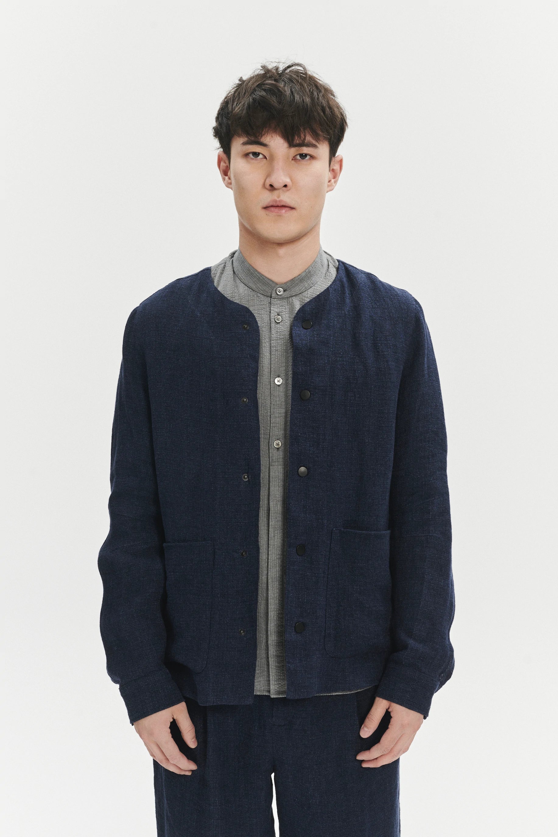 Round Collar Jacket in a Navy Fluid and Structured Italian Linen Crepe