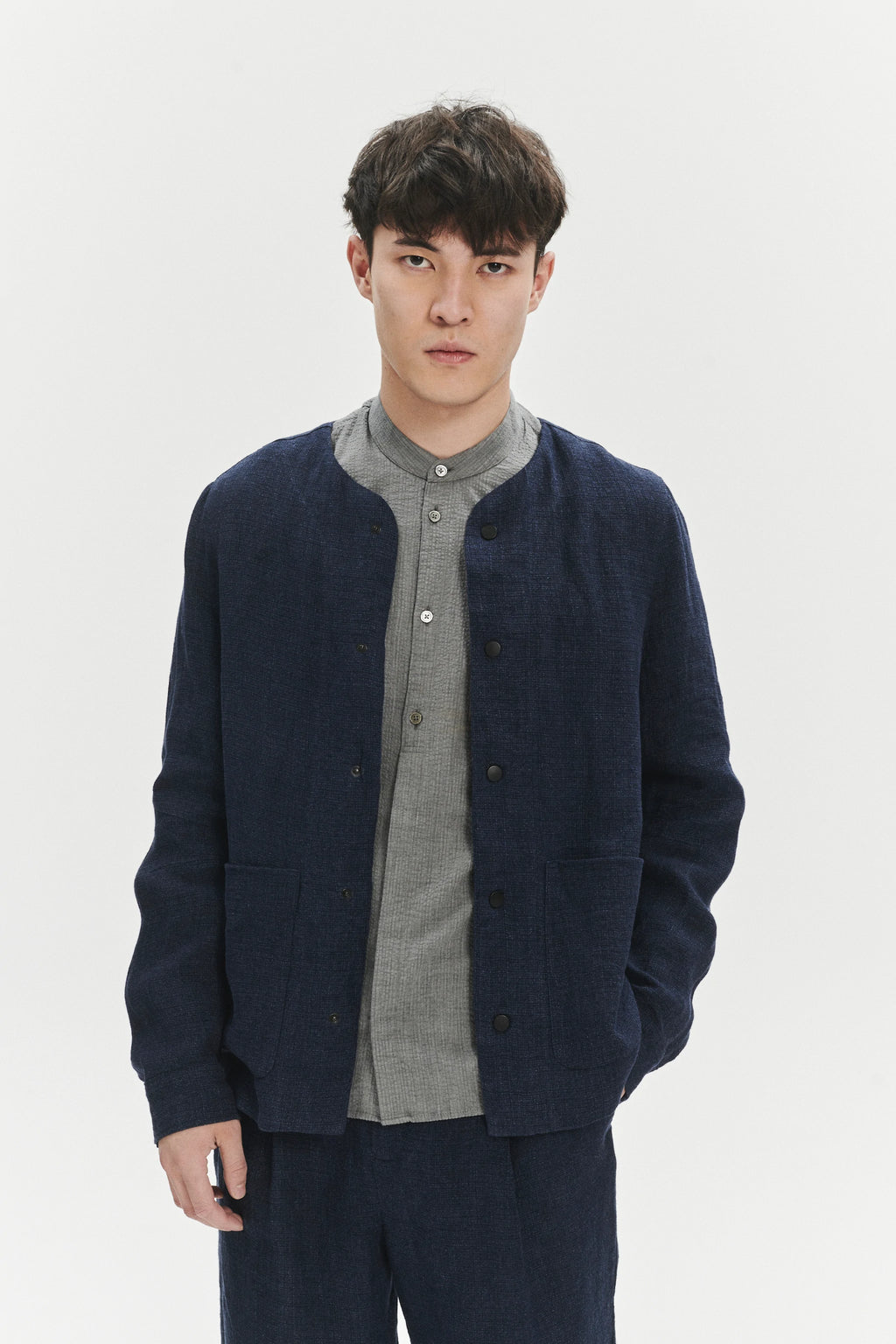 Round Collar Jacket in a Navy Fluid and Structured Italian Linen Crepe