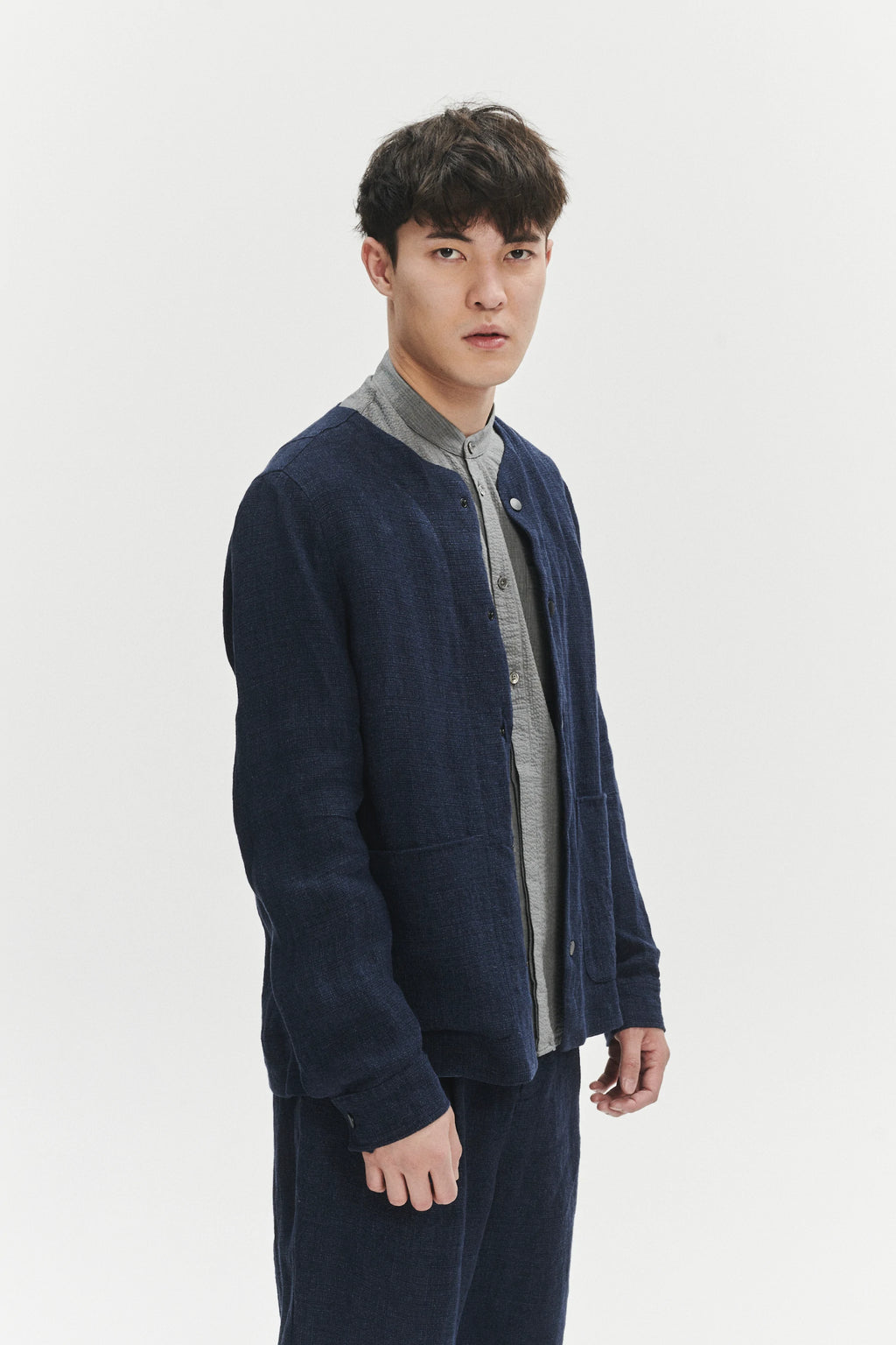 Round Collar Jacket in a Navy Fluid and Structured Italian Linen Crepe