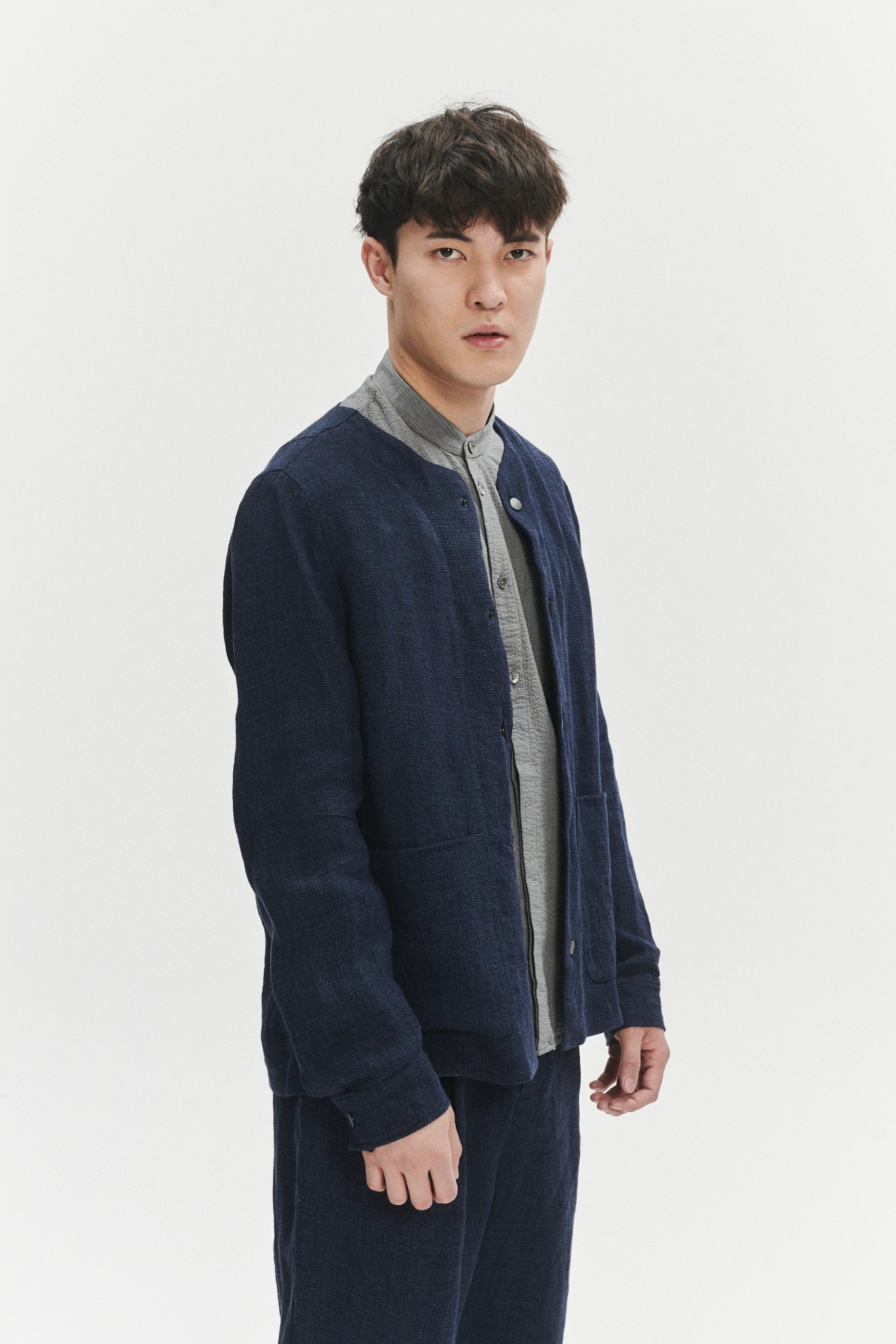 Round Collar Jacket in a Navy Fluid and Structured Italian Linen Crepe