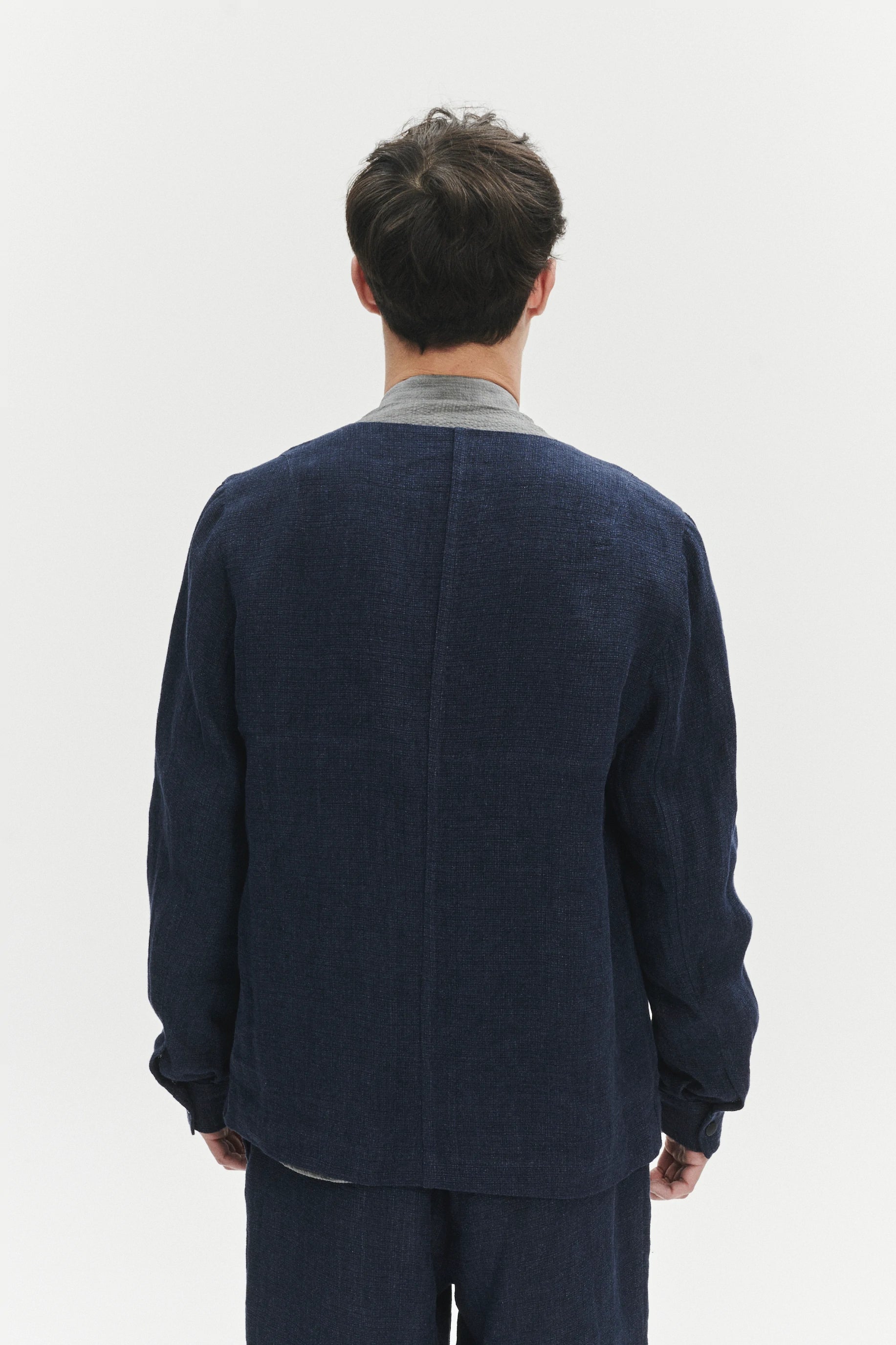Round Collar Jacket in a Navy Fluid and Structured Italian Linen Crepe