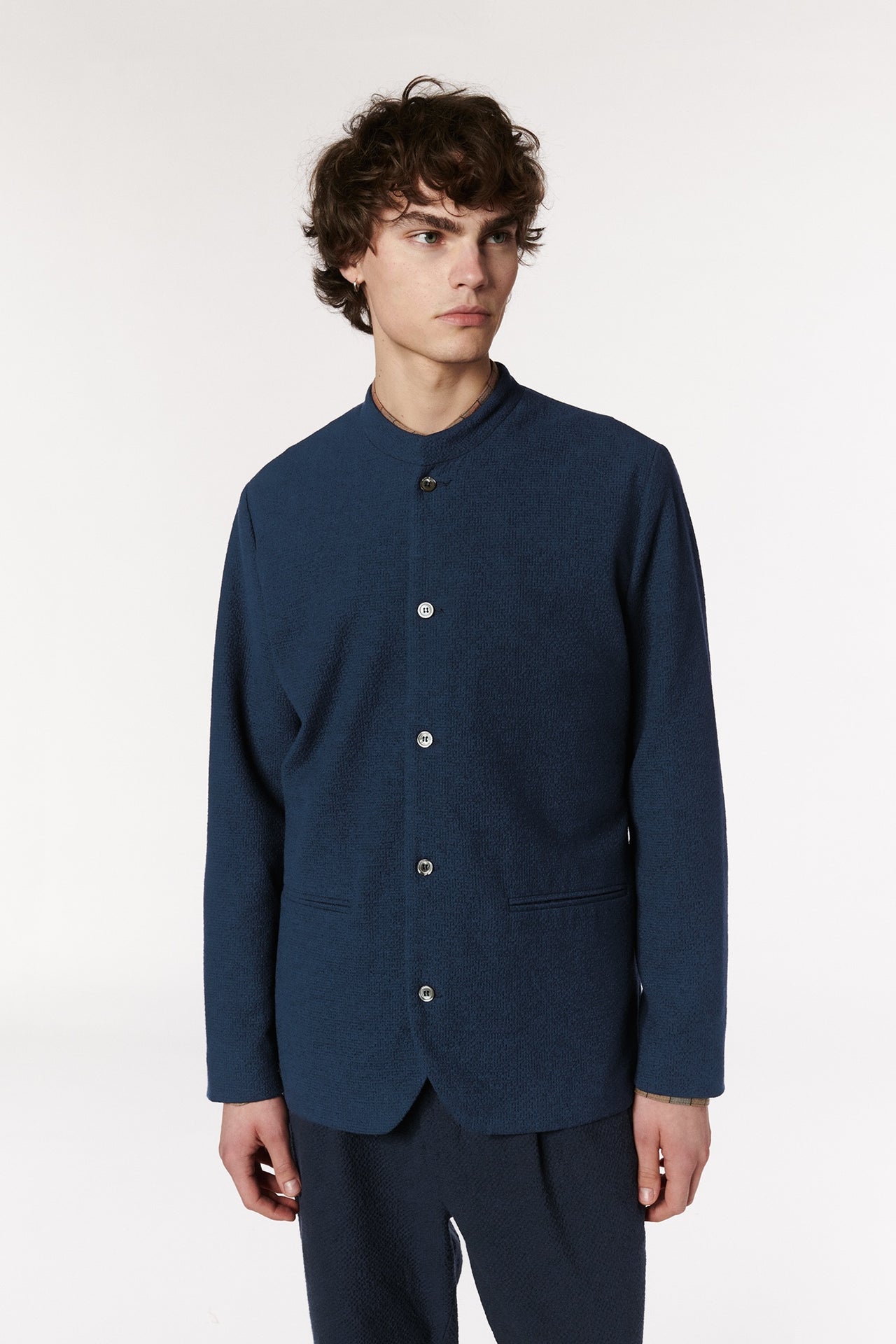 Jacket in a Navy  Blue Italian Virgin Wool and Cotton Seersucker