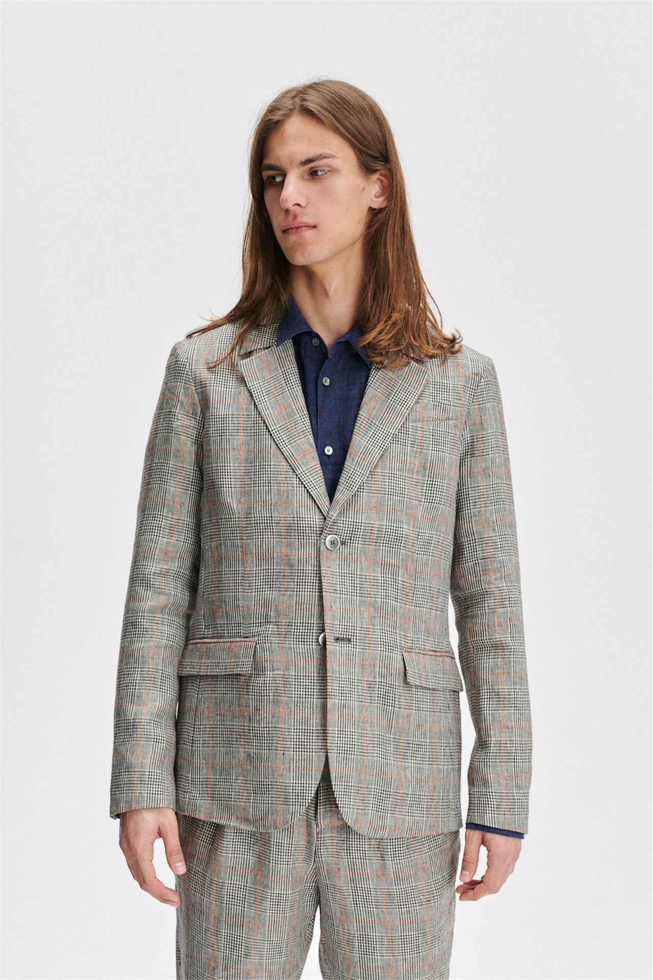 Blazer in a Grey and Vibrant Orange Prince of Wales Italian Linen
