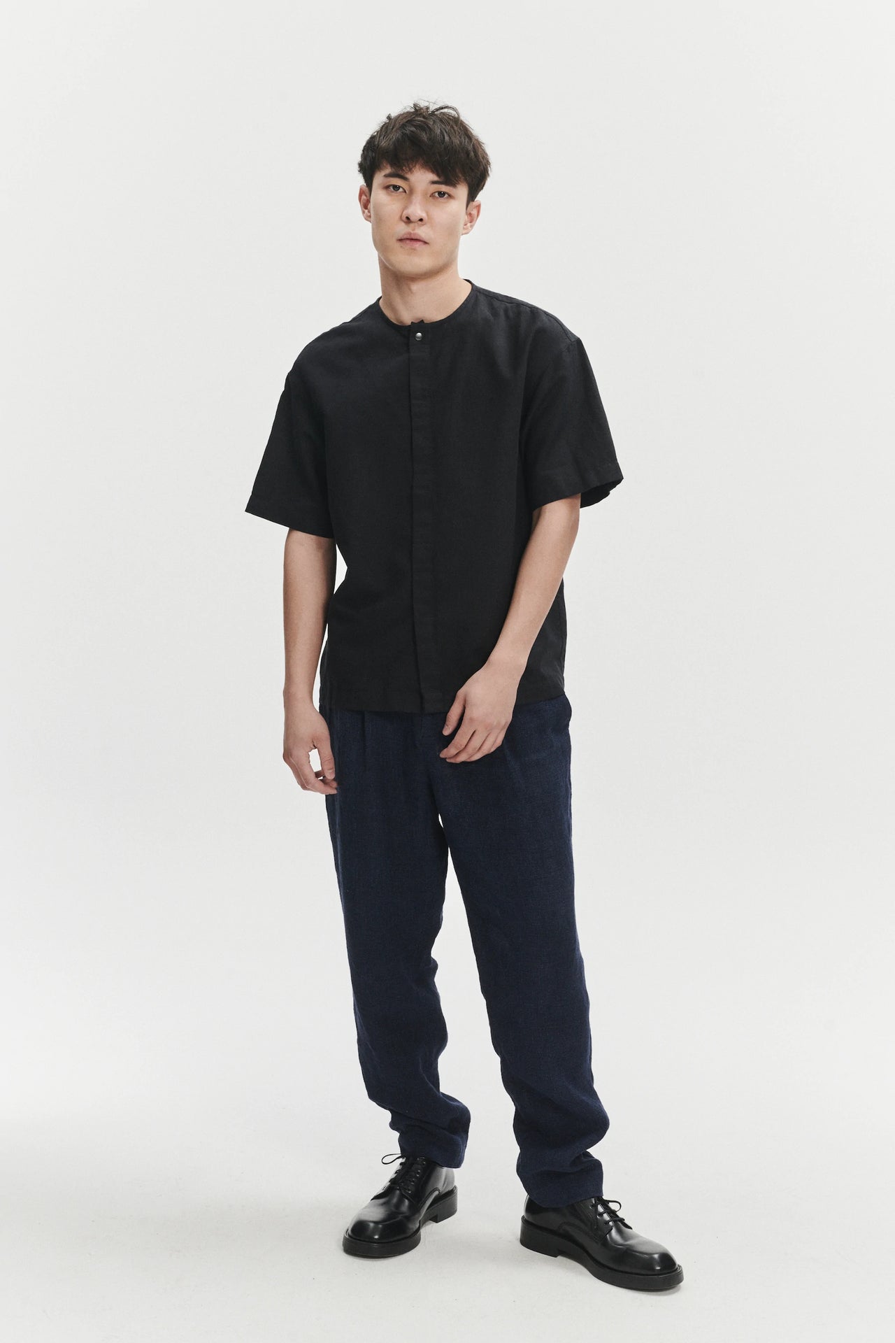 Short Sleeve Minimal Shirt in a Black Fine Portuguese Cotton and Linen