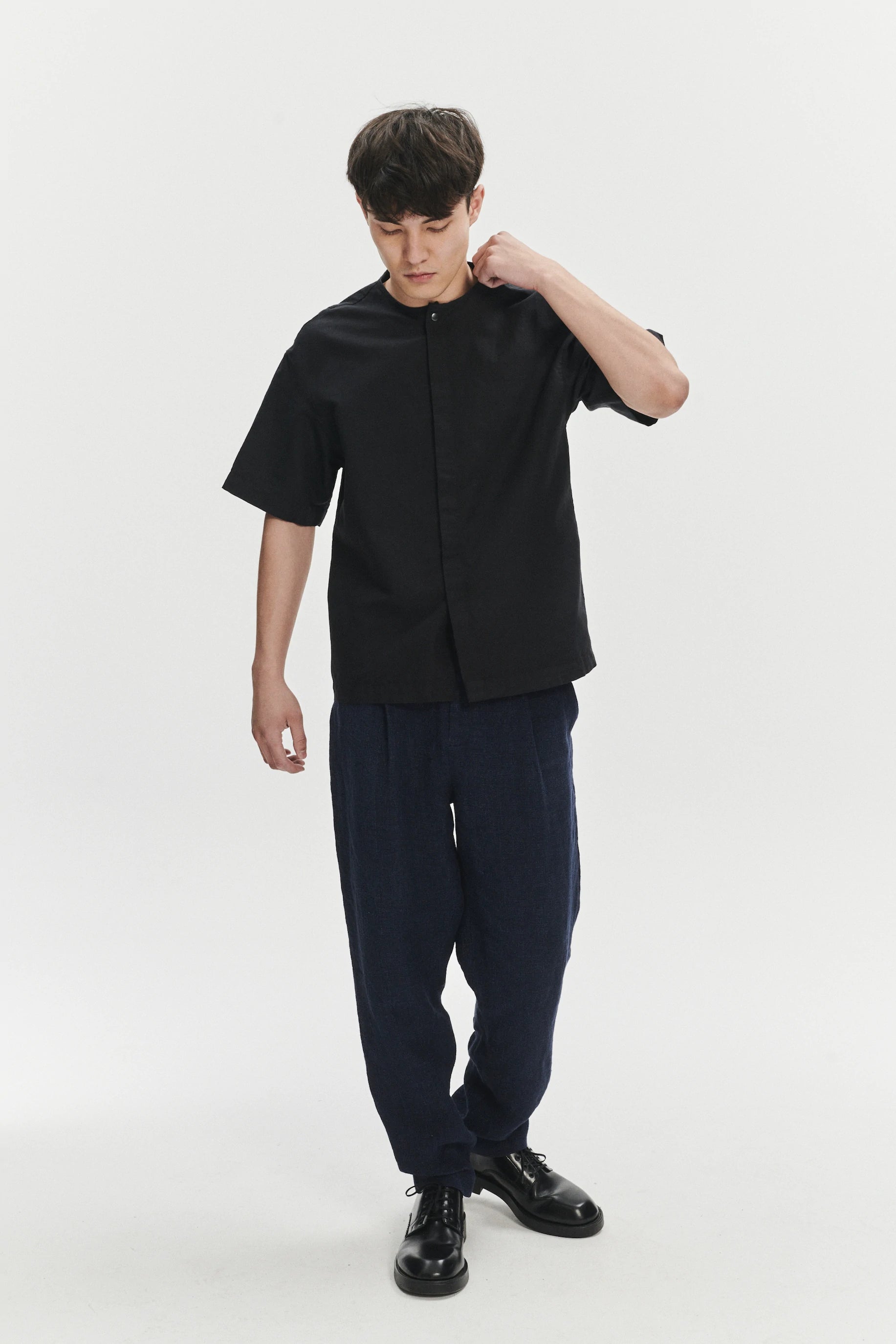 Short Sleeve Minimal Shirt in a Black Fine Portuguese Cotton and Linen