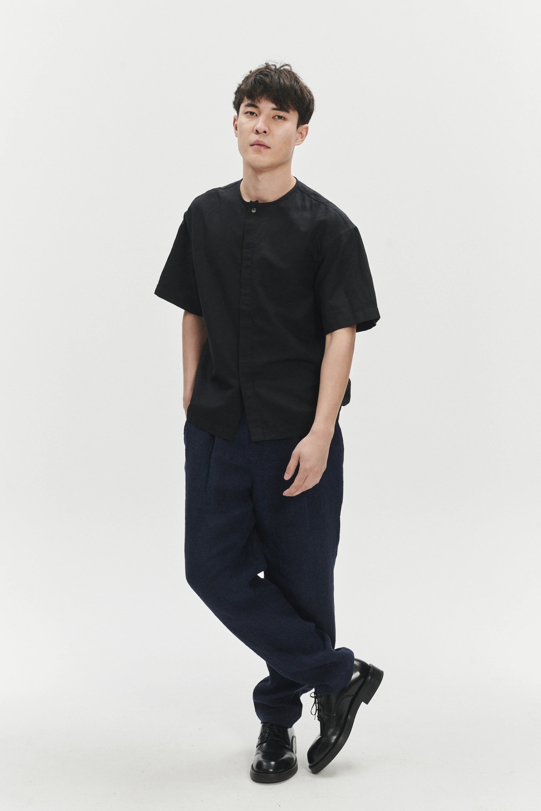 Short Sleeve Minimal Shirt in a Black Fine Portuguese Cotton and Linen