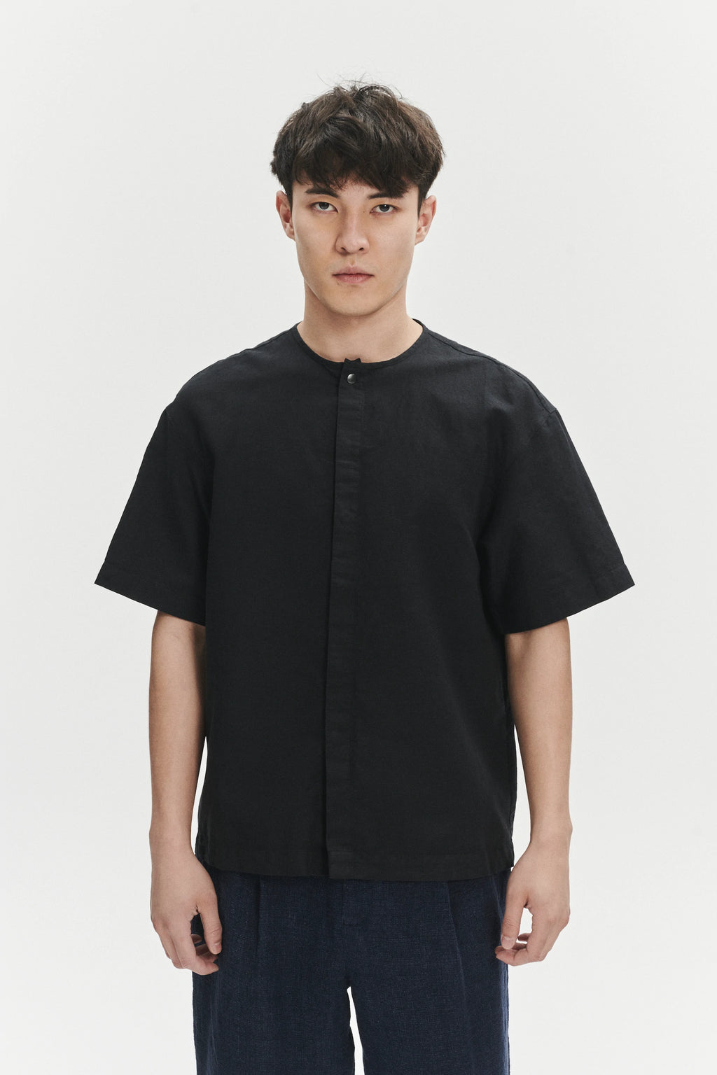 Short Sleeve Minimal Shirt in a Black Fine Portuguese Cotton and Linen