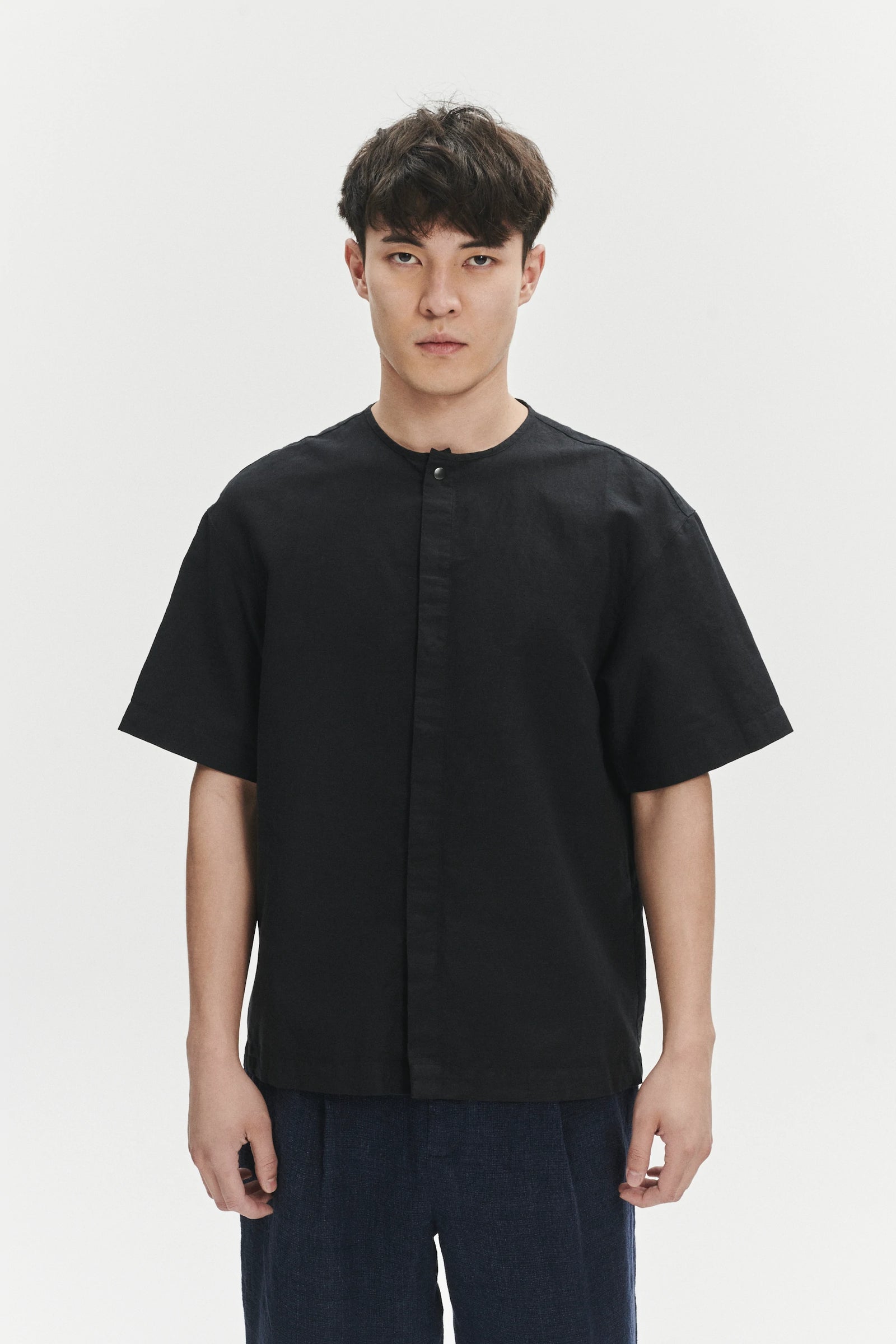 Short Sleeve Minimal Shirt in a Black Fine Portuguese Cotton and Linen