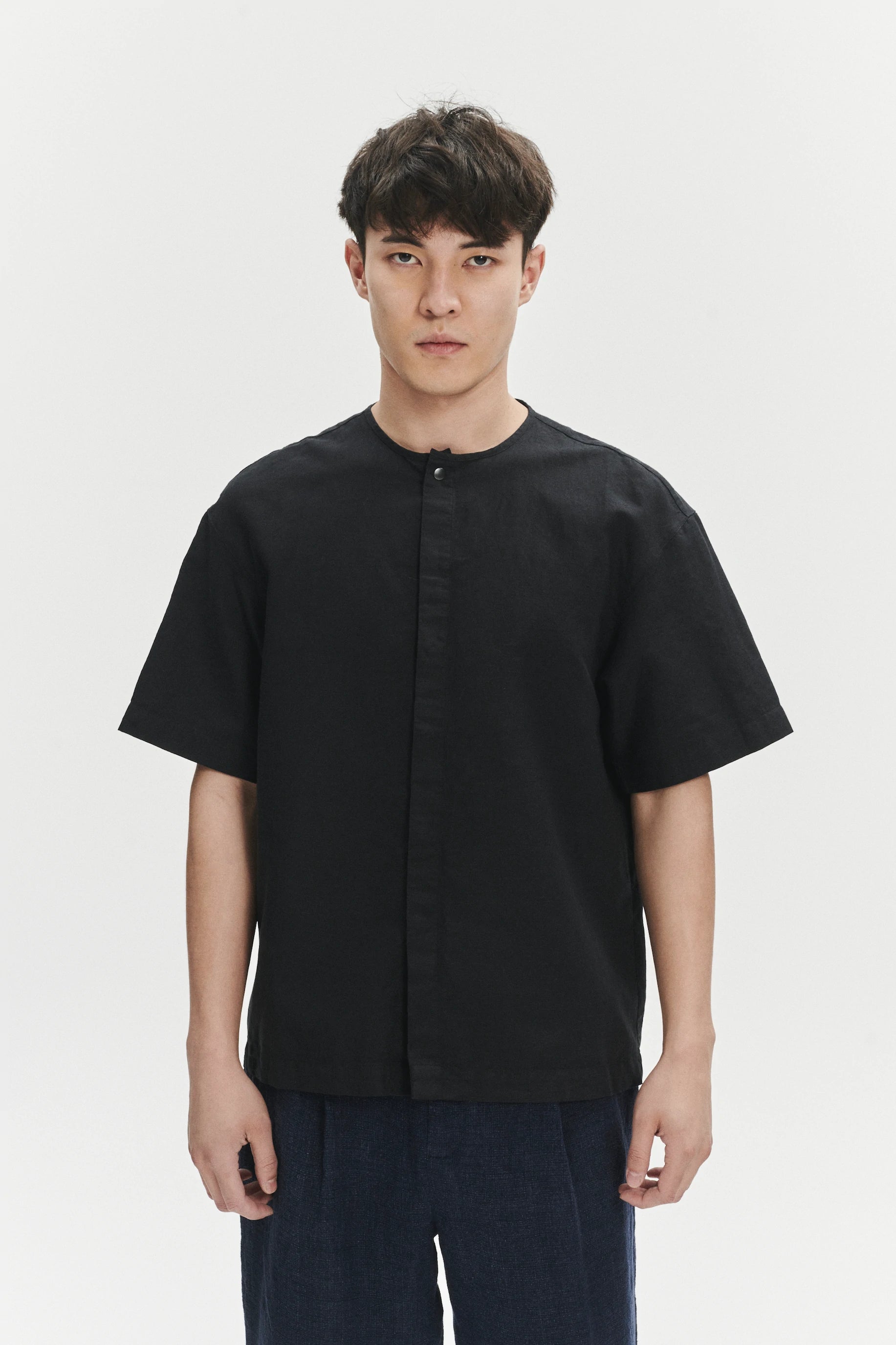 Short Sleeve Minimal Shirt in a Black Fine Portuguese Cotton and Linen