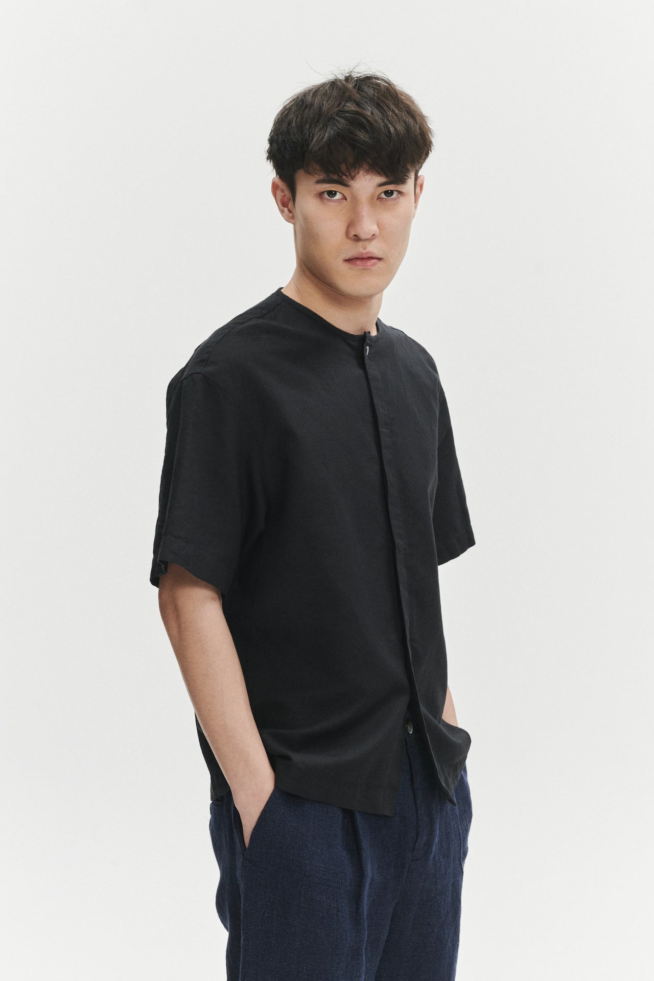 Short Sleeve Minimal Shirt in a Black Fine Portuguese Cotton and Linen