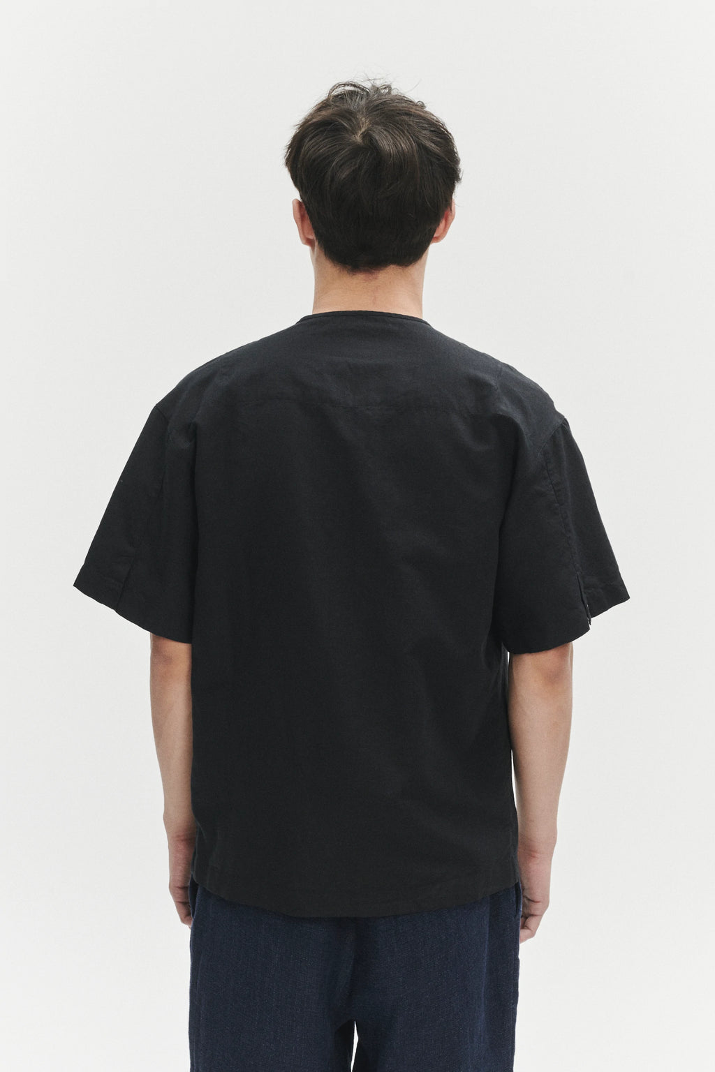 Short Sleeve Minimal Shirt in a Black Fine Portuguese Cotton and Linen