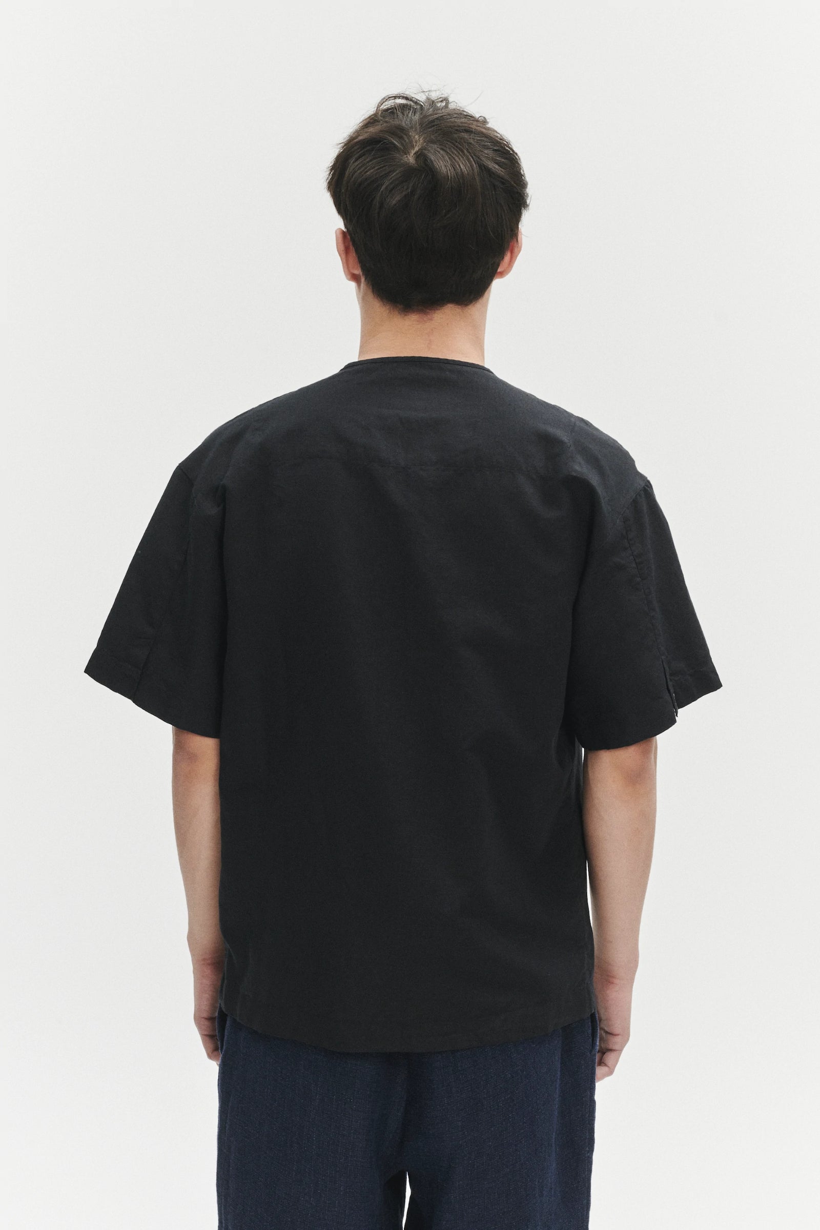 Short Sleeve Minimal Shirt in a Black Fine Portuguese Cotton and Linen