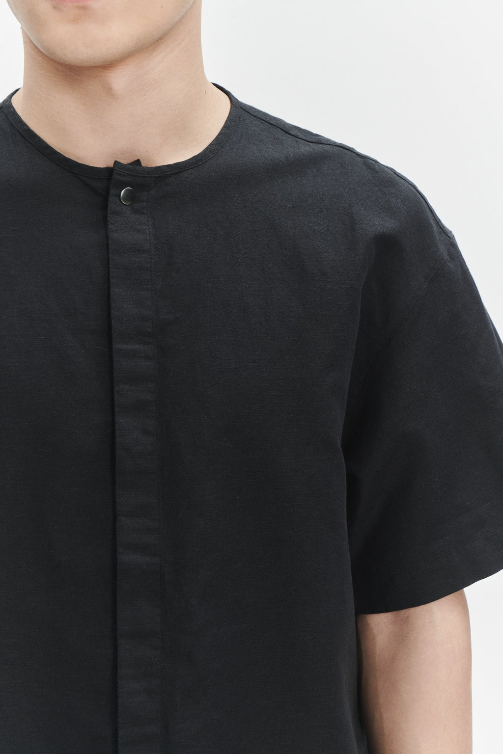 Short Sleeve Minimal Shirt in a Black Fine Portuguese Cotton and Linen