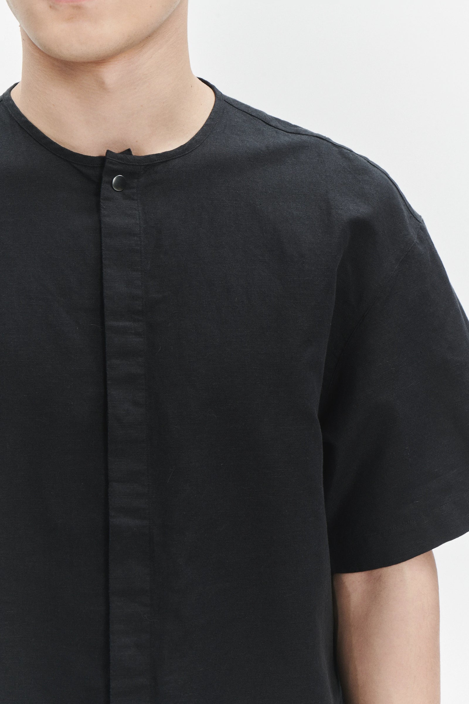 Short Sleeve Minimal Shirt in a Black Fine Portuguese Cotton and Linen
