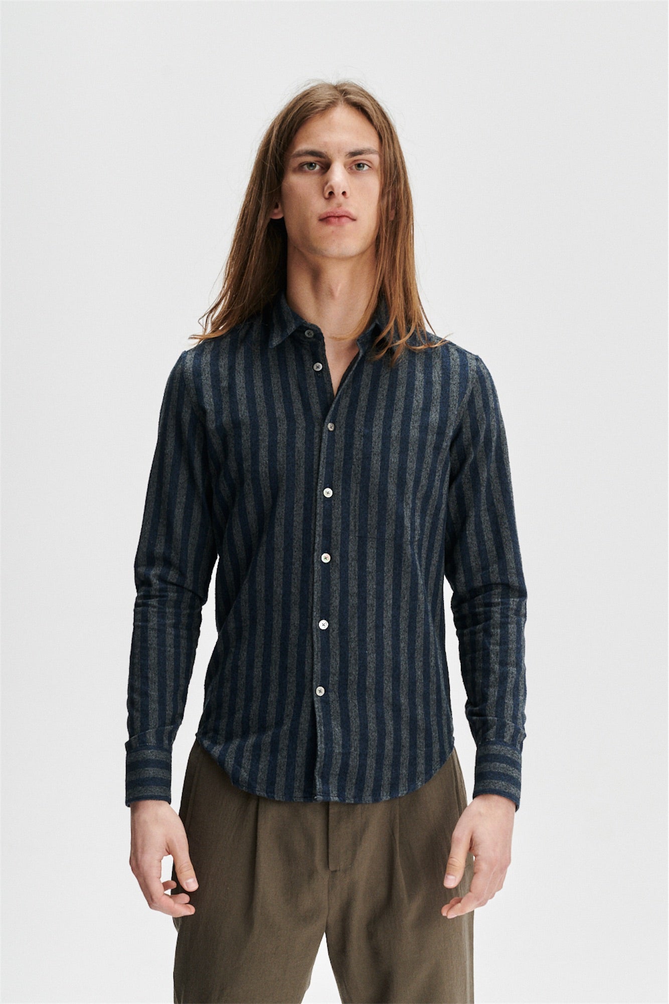 Feel Good Shirt in the Finest Bouclé Black and Grey Tone Striped Italian Cotton by Albini