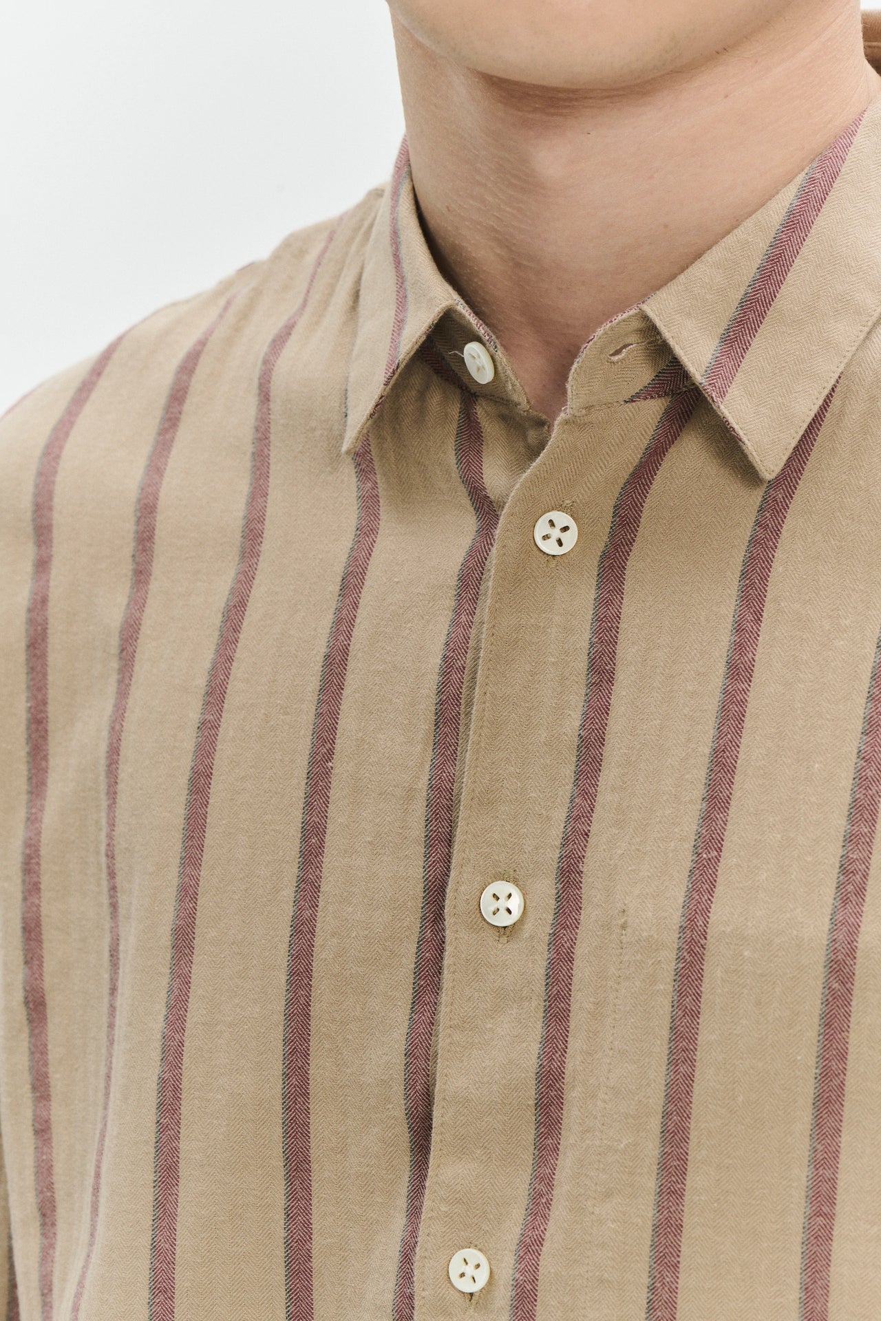Feel Good Shirt in a Tonal Beige and Bordeaux Subtle Striped Herringbone Japanese Cotton Flannel