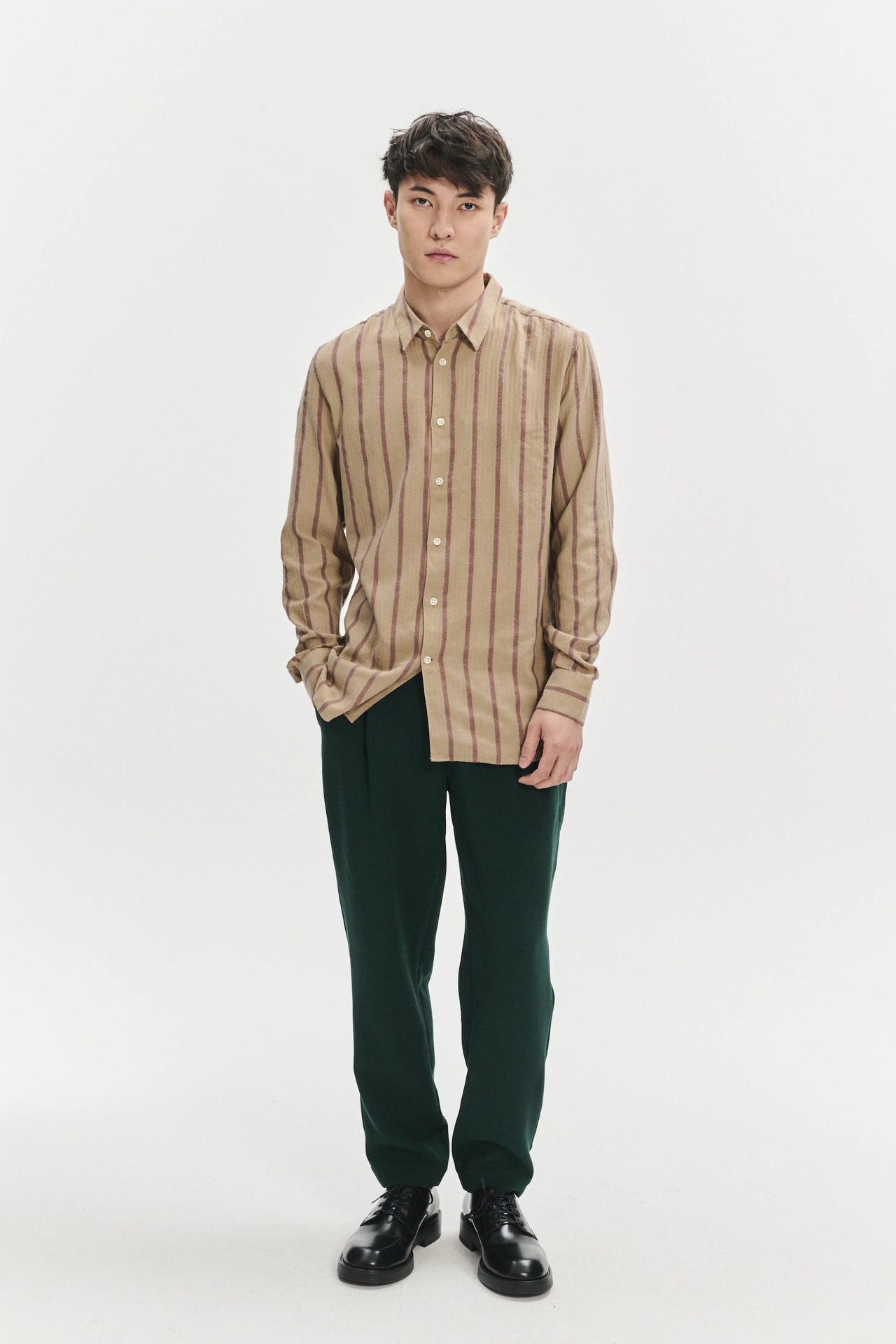Feel Good Shirt in a Tonal Beige and Bordeaux Subtle Striped Herringbone Japanese Cotton Flannel