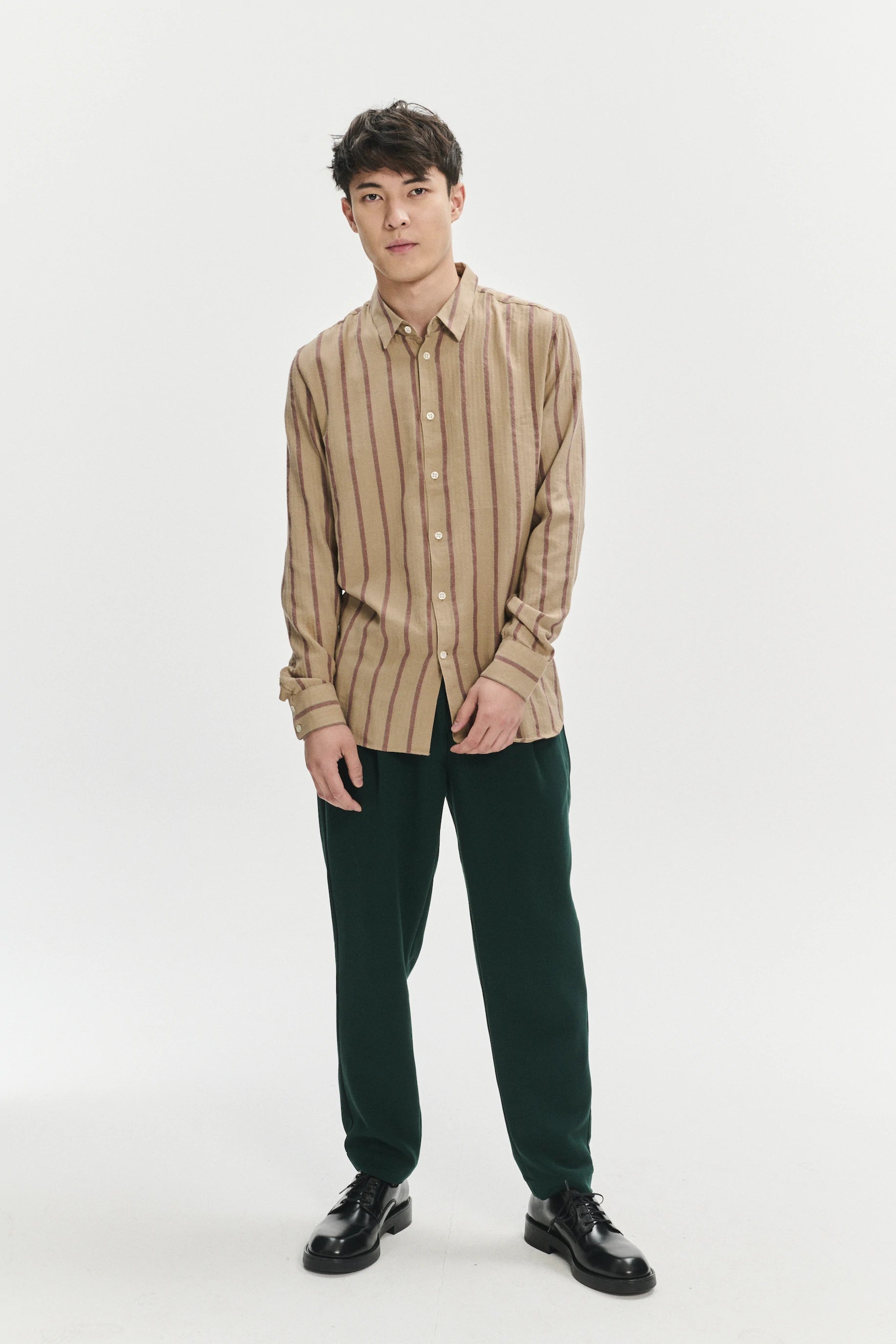 Feel Good Shirt in a Tonal Beige and Bordeaux Subtle Striped Herringbone Japanese Cotton Flannel