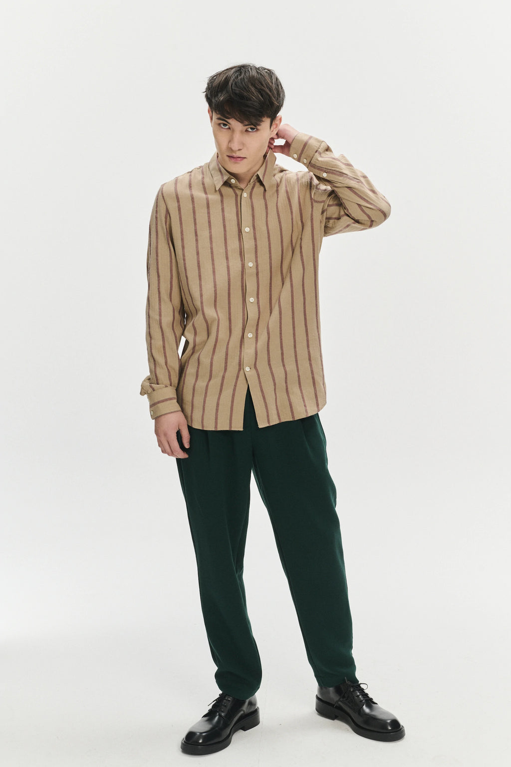 Feel Good Shirt in a Tonal Beige and Bordeaux Subtle Striped Herringbone Japanese Cotton Flannel