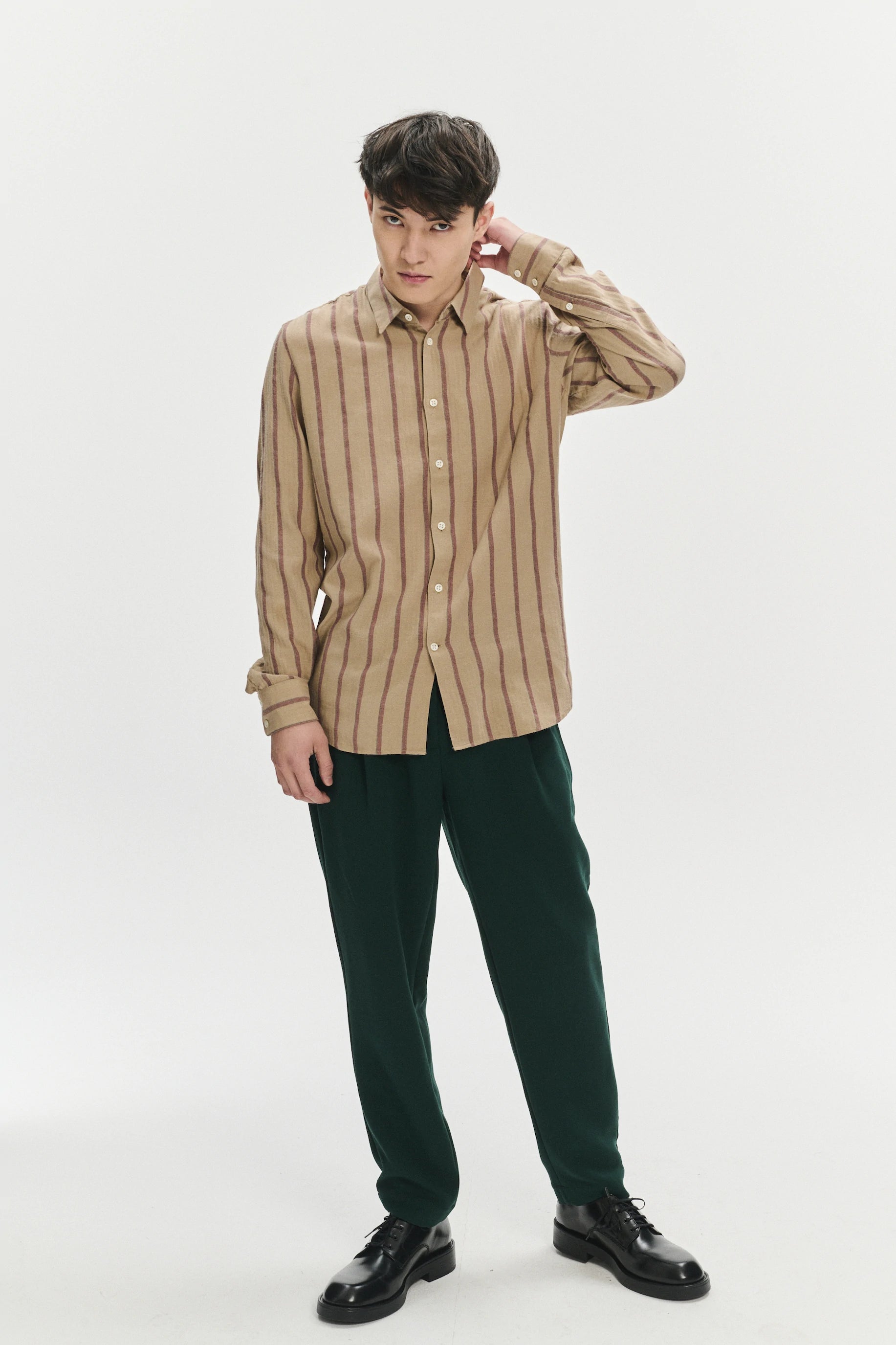 Feel Good Shirt in a Tonal Beige and Bordeaux Subtle Striped Herringbone Japanese Cotton Flannel