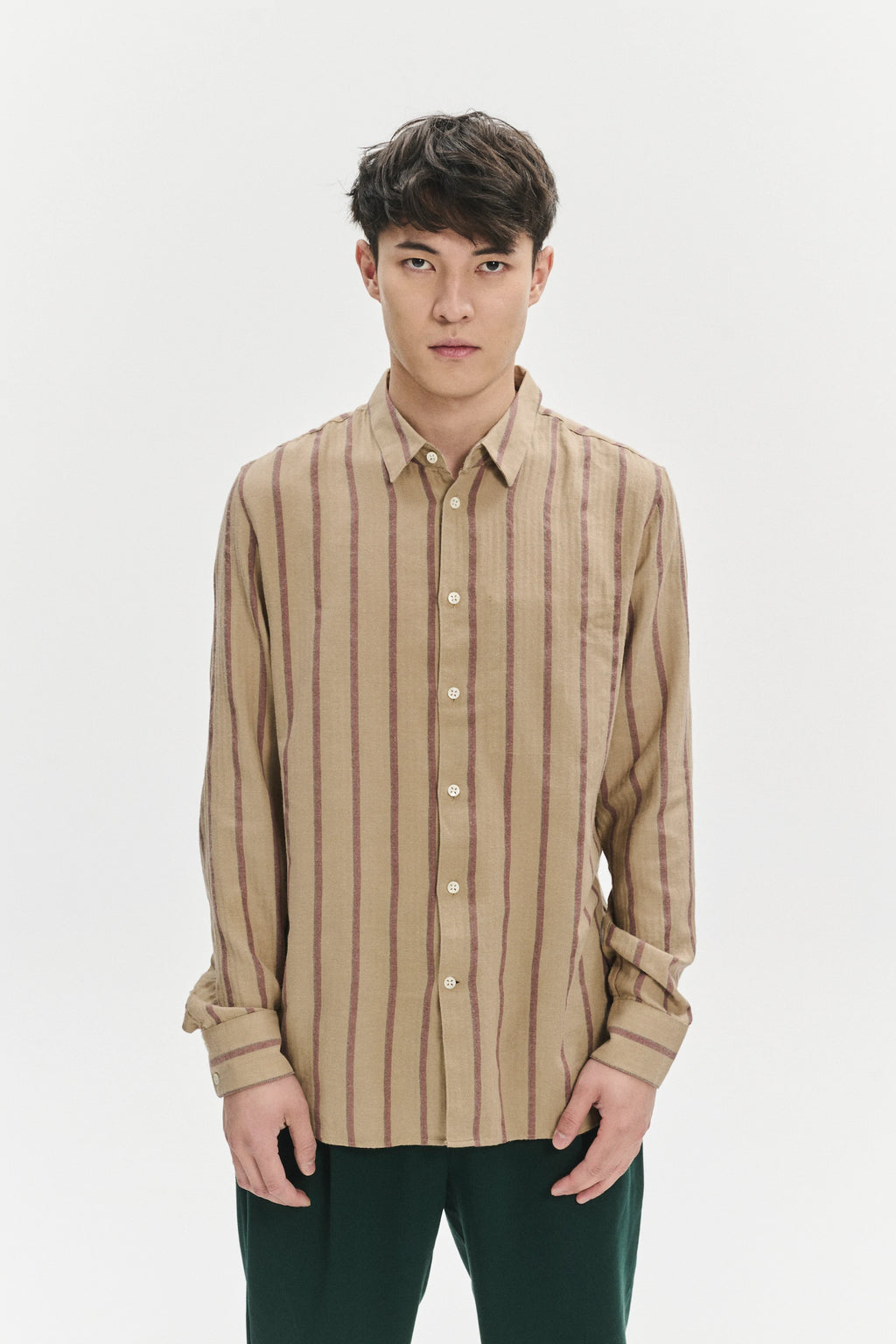Feel Good Shirt in a Tonal Beige and Bordeaux Subtle Striped Herringbone Japanese Cotton Flannel