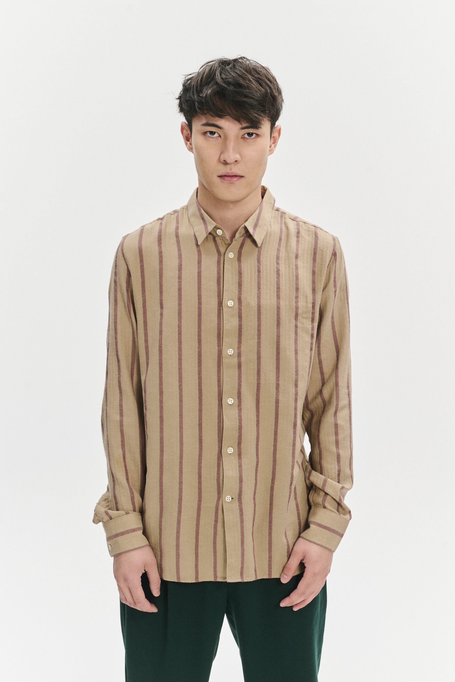 Feel Good Shirt in a Tonal Beige and Bordeaux Subtle Striped Herringbone Japanese Cotton Flannel