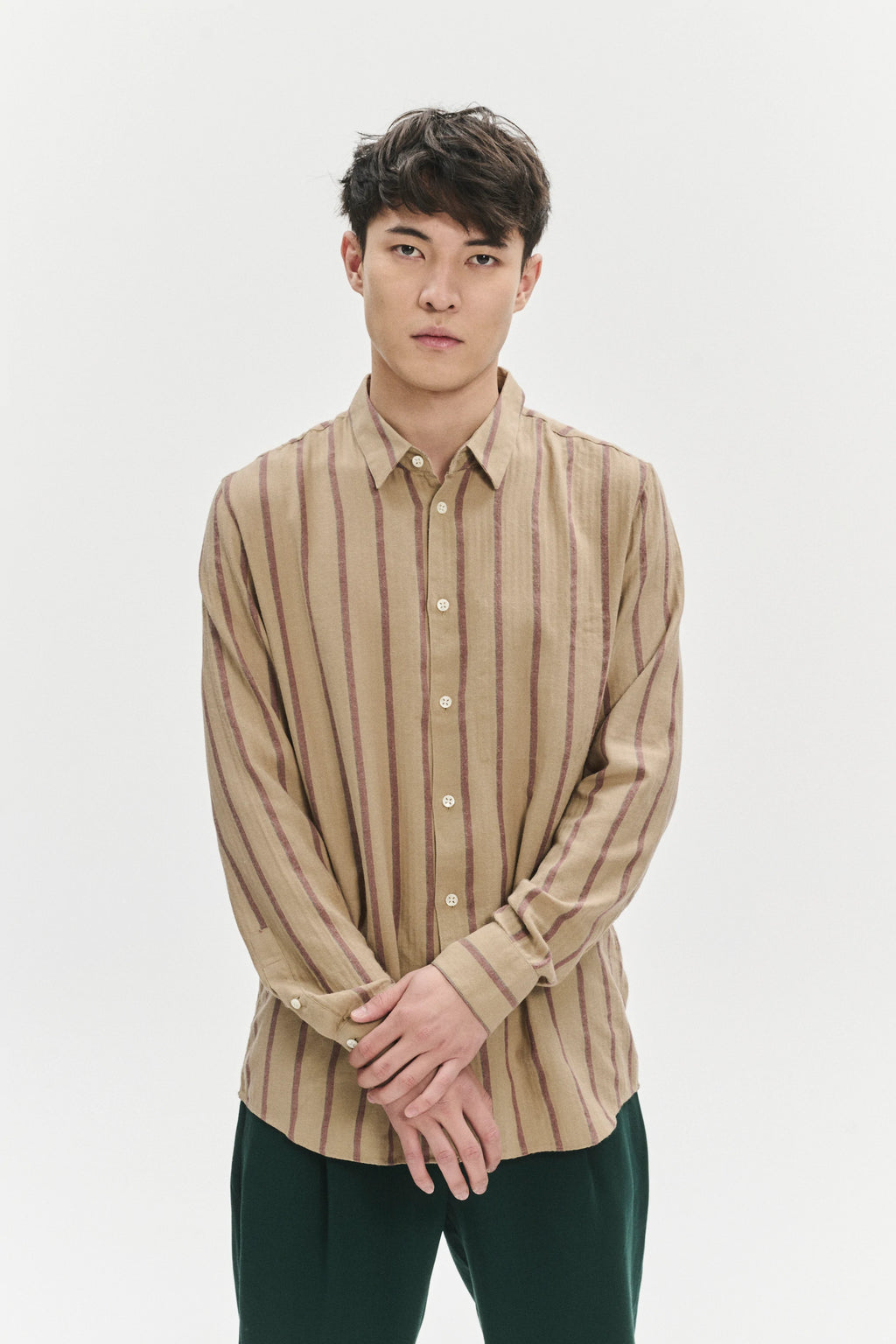 Feel Good Shirt in a Tonal Beige and Bordeaux Subtle Striped Herringbone Japanese Cotton Flannel